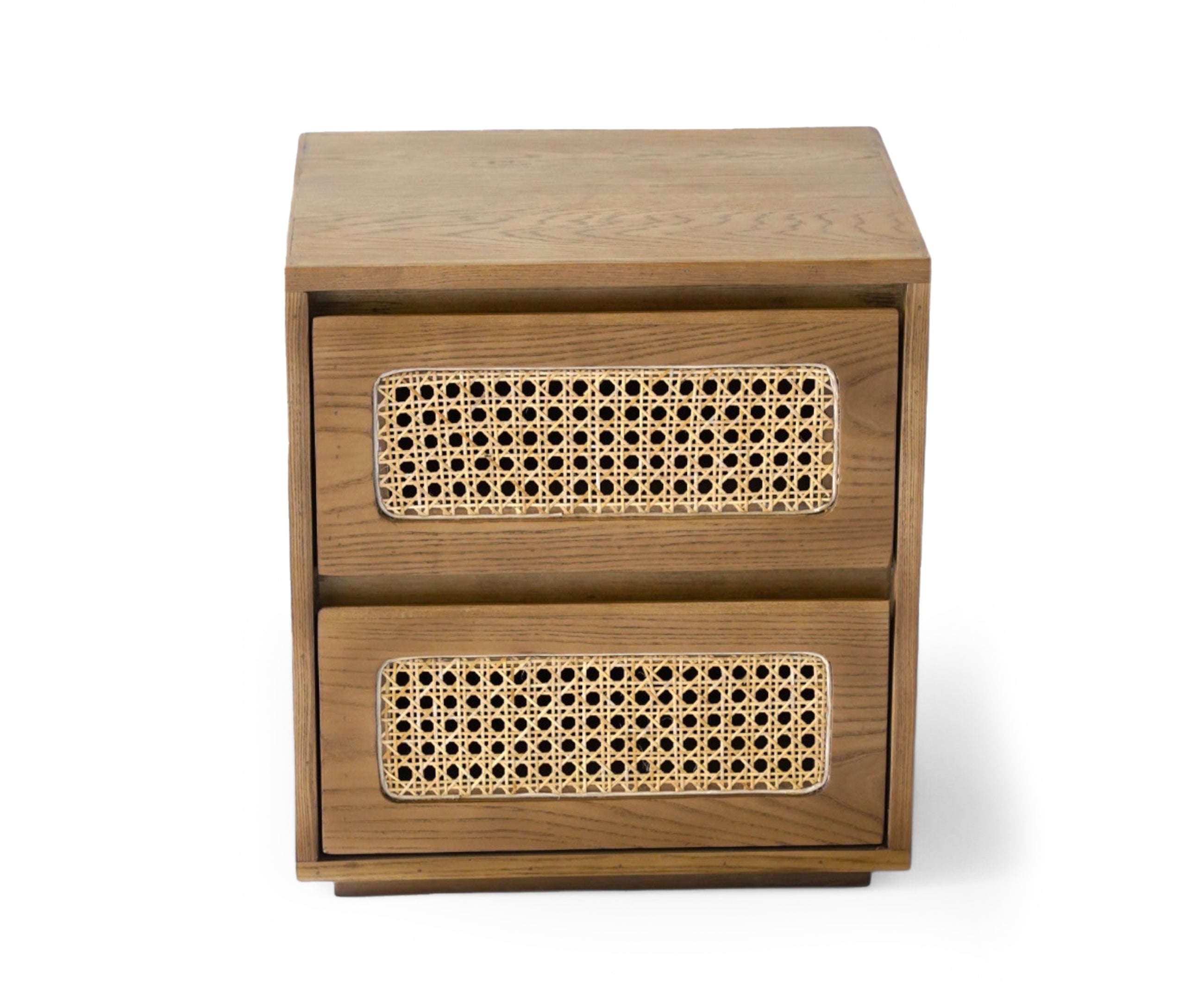 Walnut Woven Cane Bed Side Table with 2 Drawers