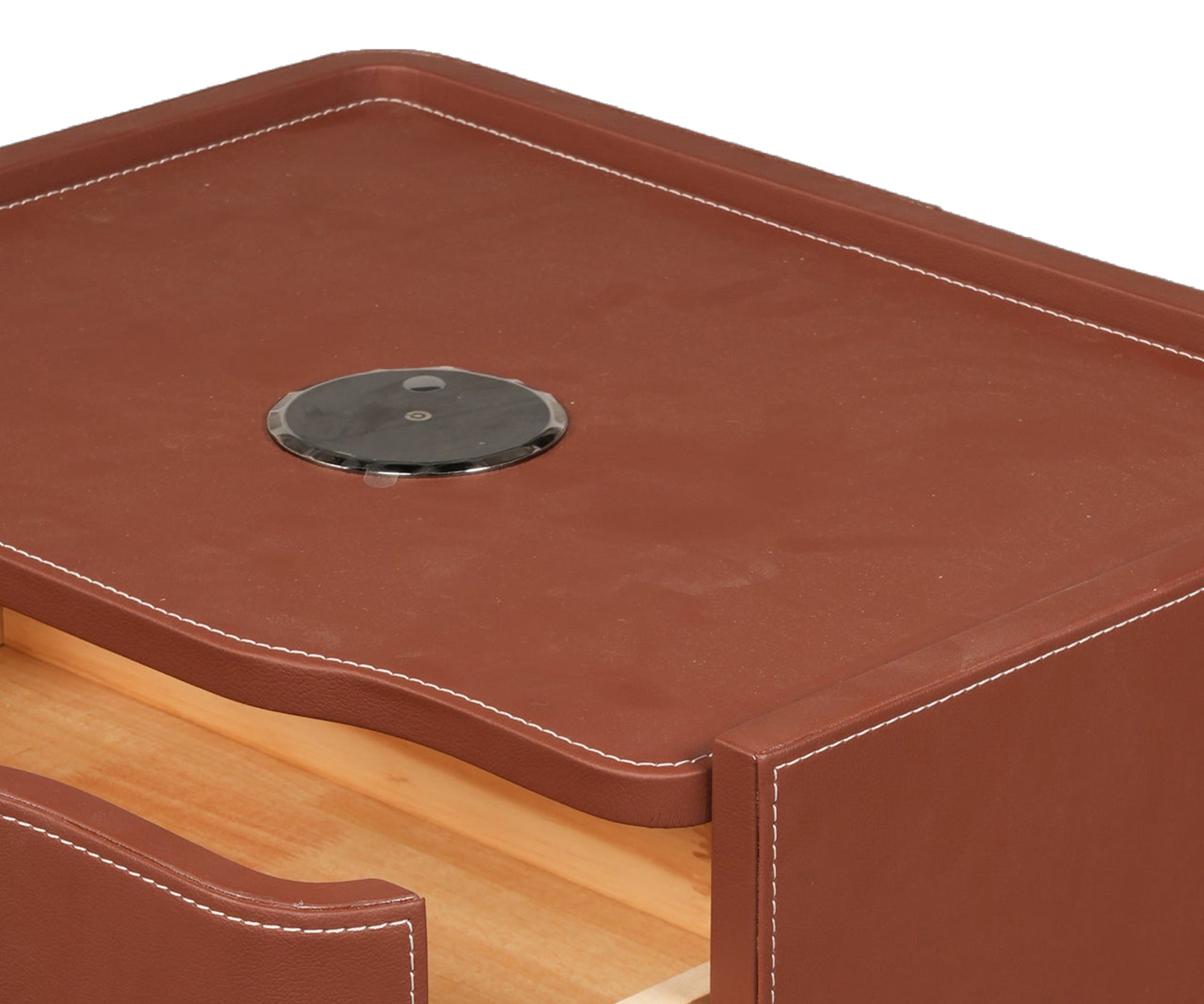 Cognac Leather Wrapped 2-Drawer Bed Side Table with Cutout Handles