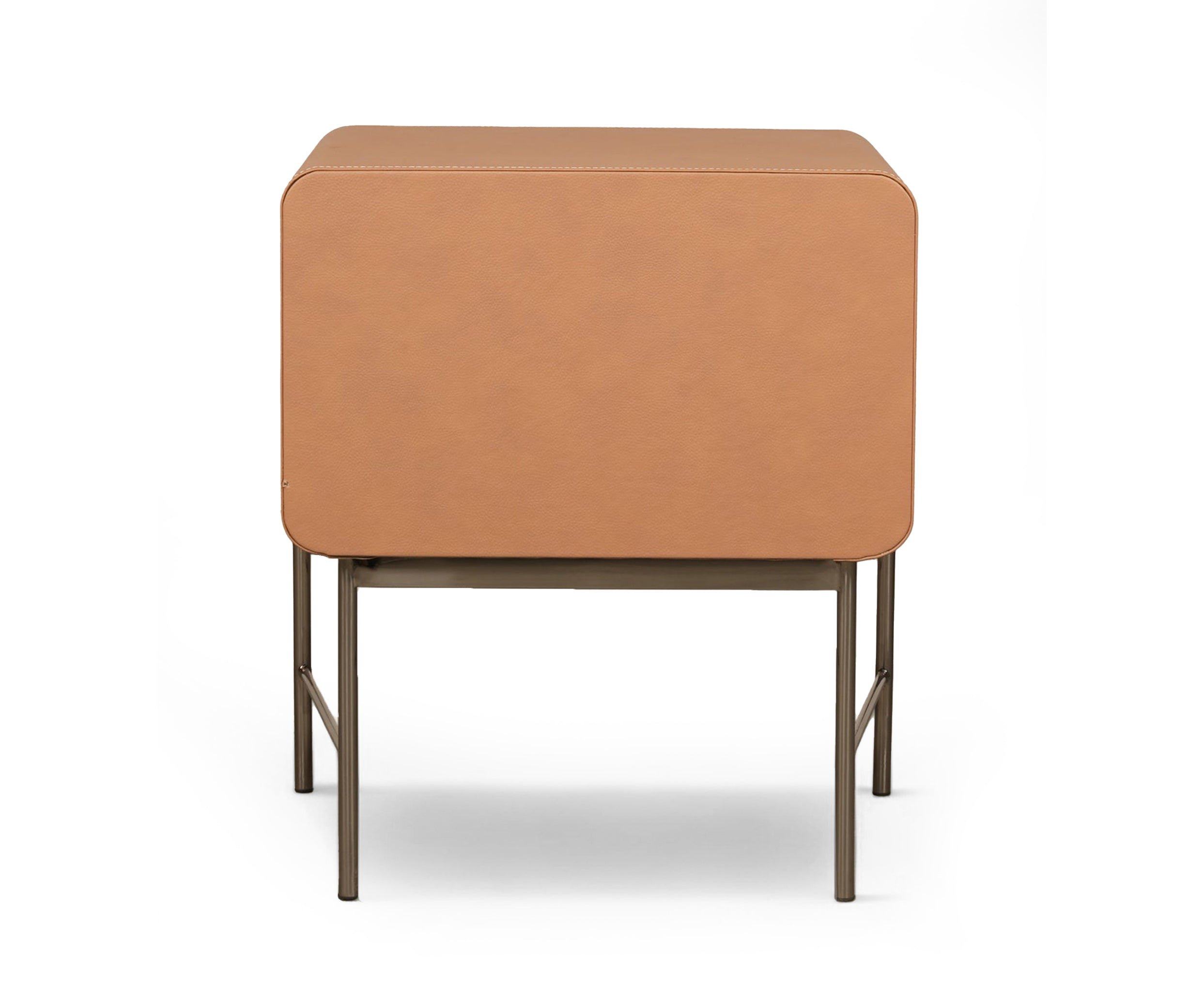 Camel Leather Wrapped 2-Drawer Bed Side Table with Metal Base