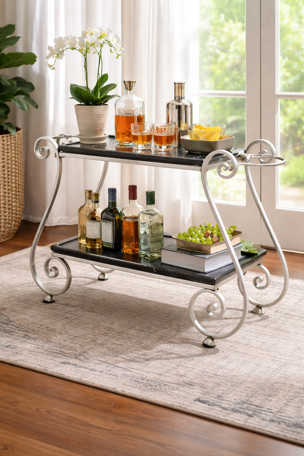 Luxury Black Marble Console Table with Ornate Scroll Metal Frame