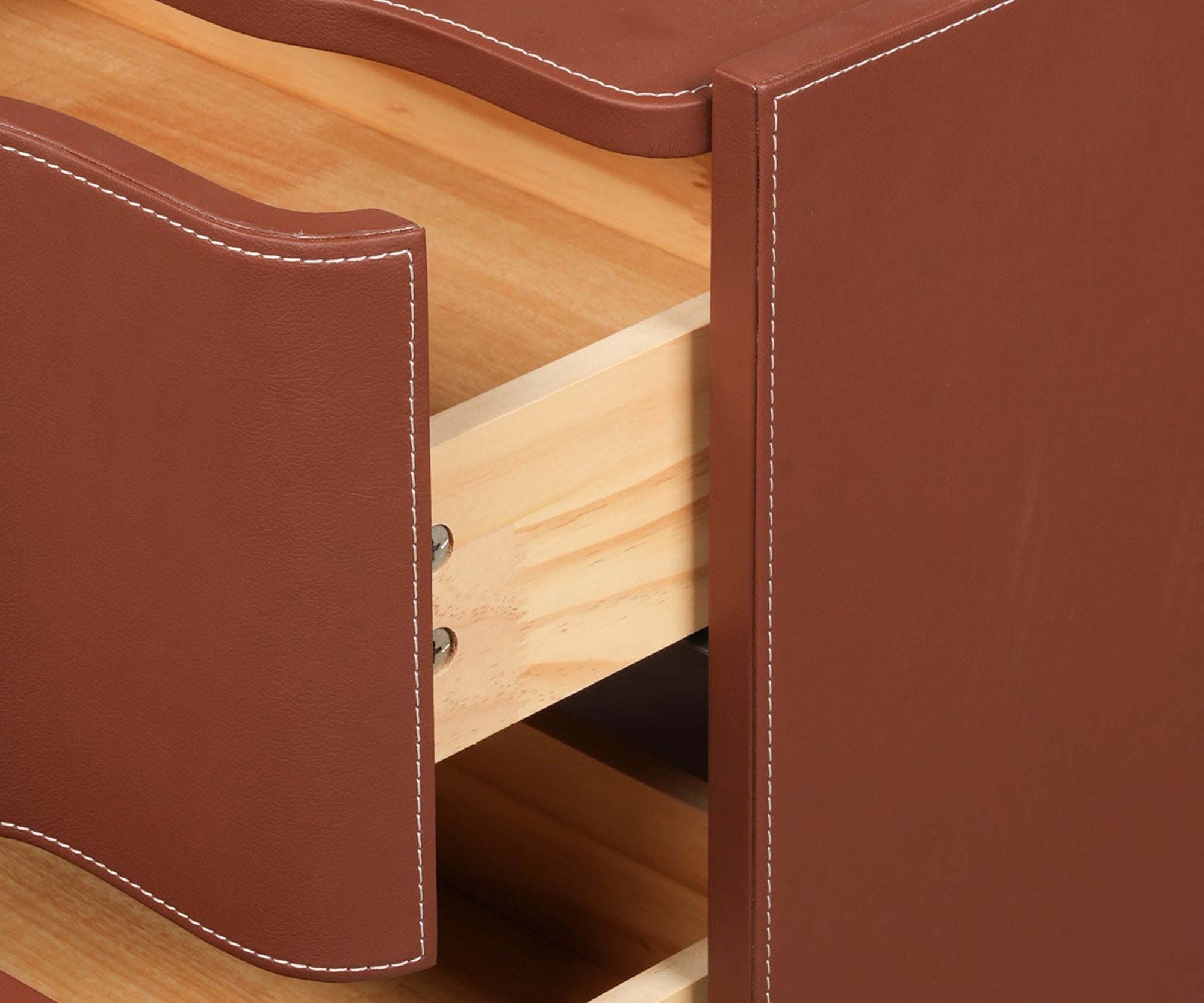 Cognac Leather Wrapped 2-Drawer Bed Side Table with Cutout Handles