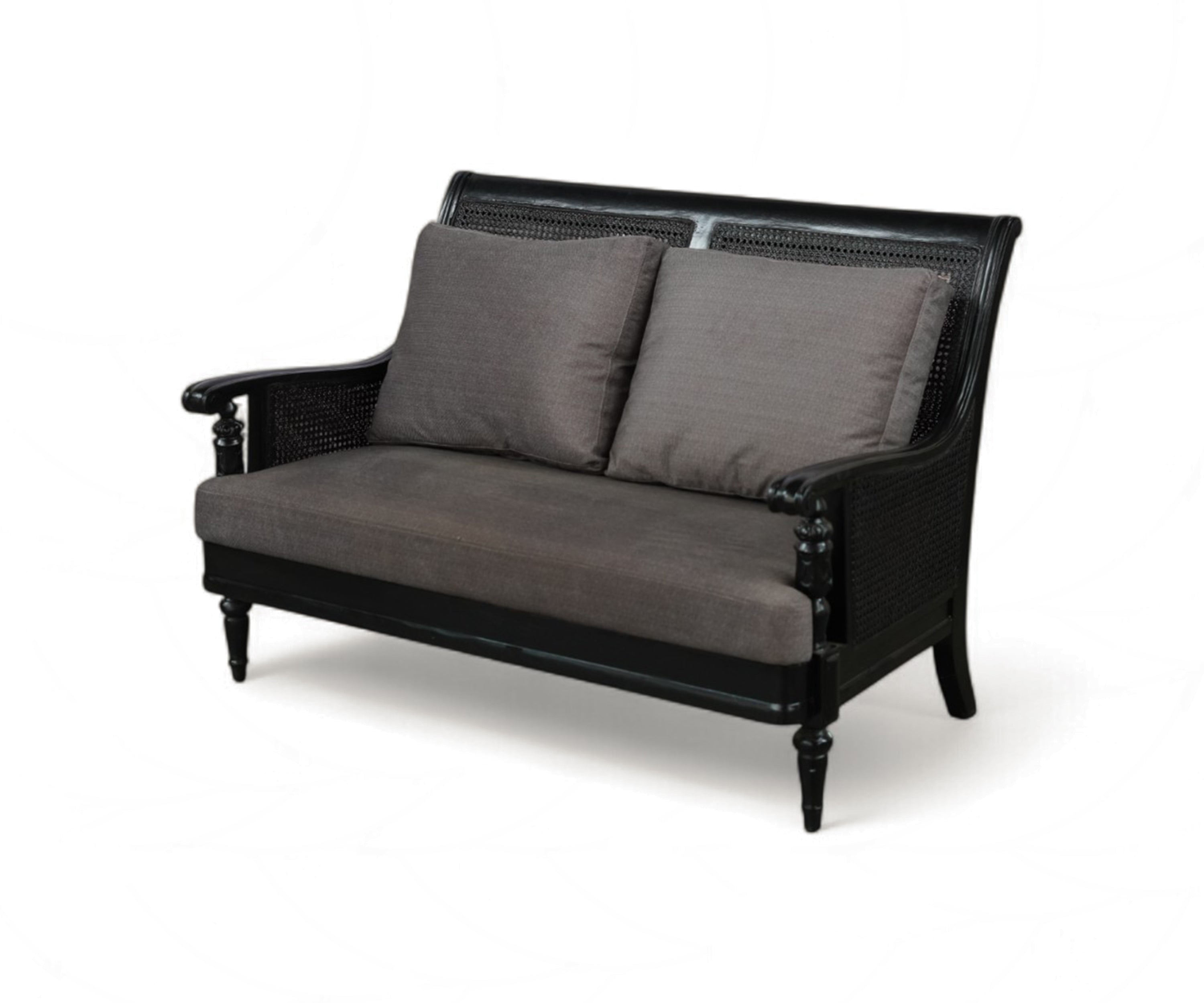 Acacia Wood 2-Seater Sofa with Woven Cane Panels & Charcoal Cushions