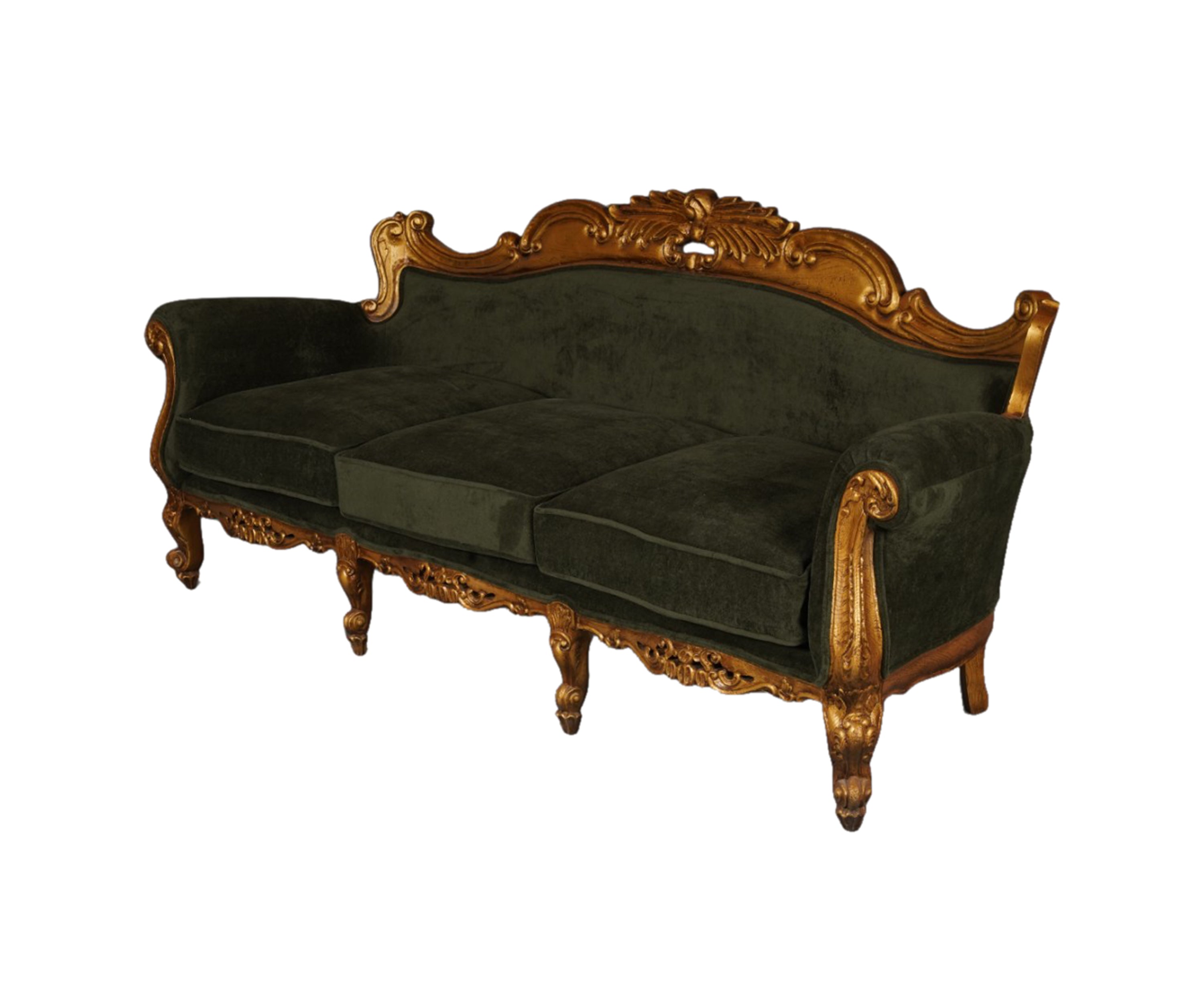 Baroque Velvet 3-Seater Sofa with Teak Wood Frame