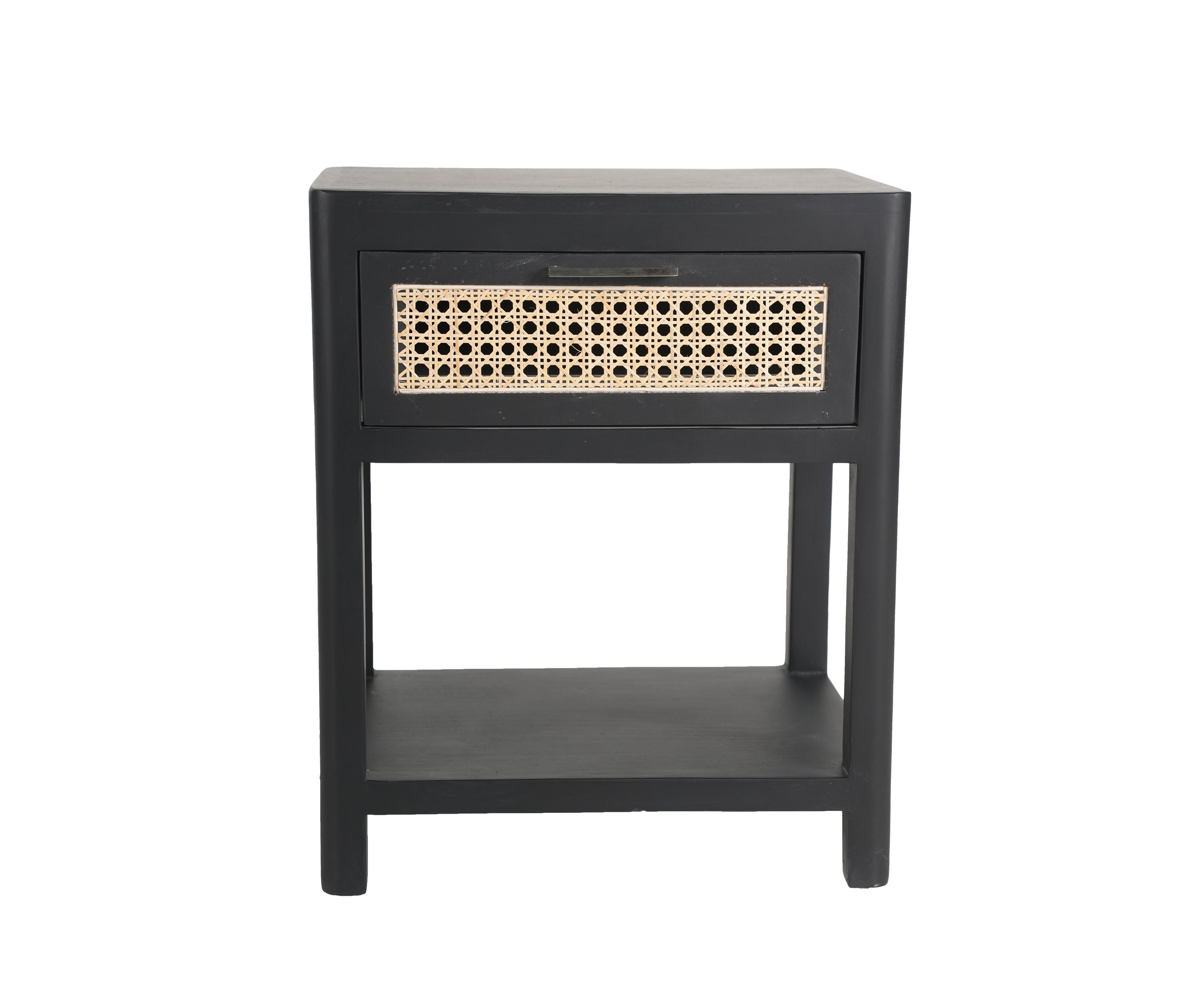 Black Bedside Table with Woven Drawer Detail