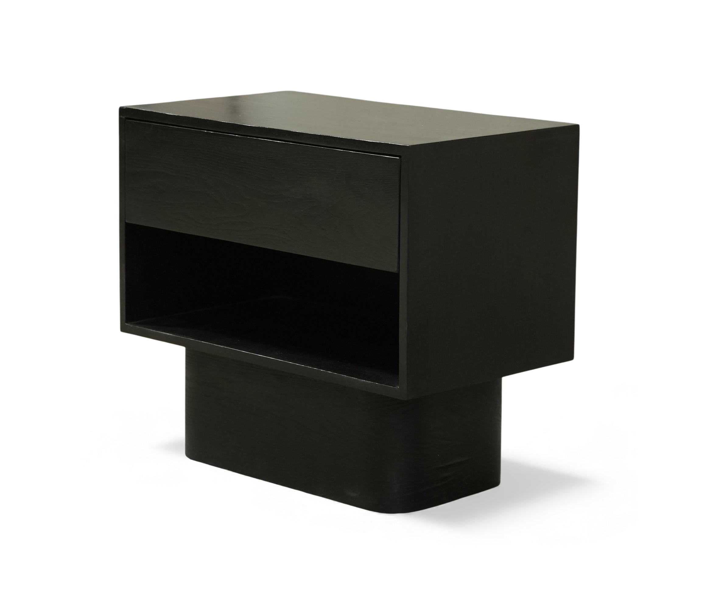 Black Pedestal Bed Side Table with Drawer and Open Shelf