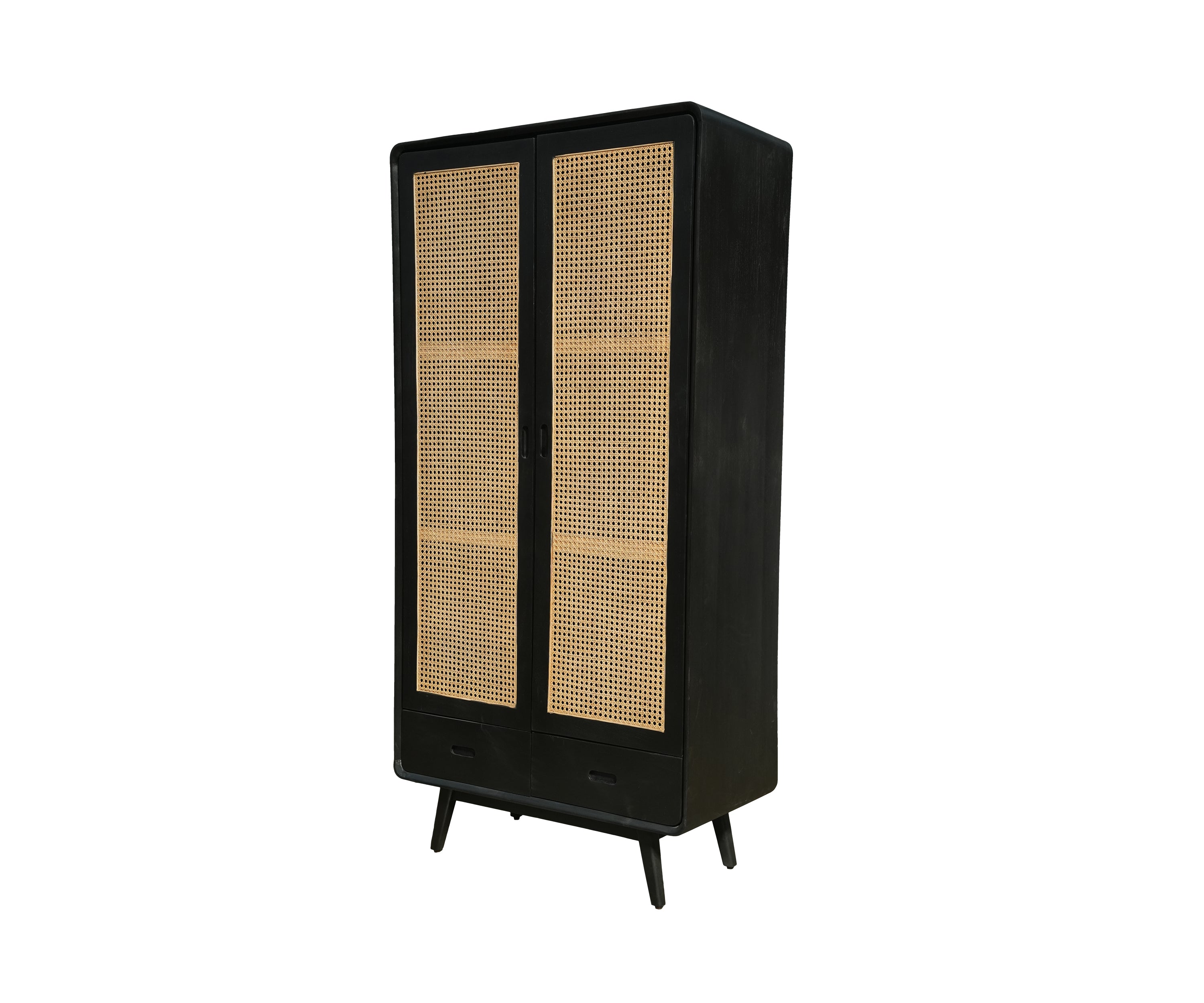 Black Teak and Cane Double Door Wardrobe with Drawers