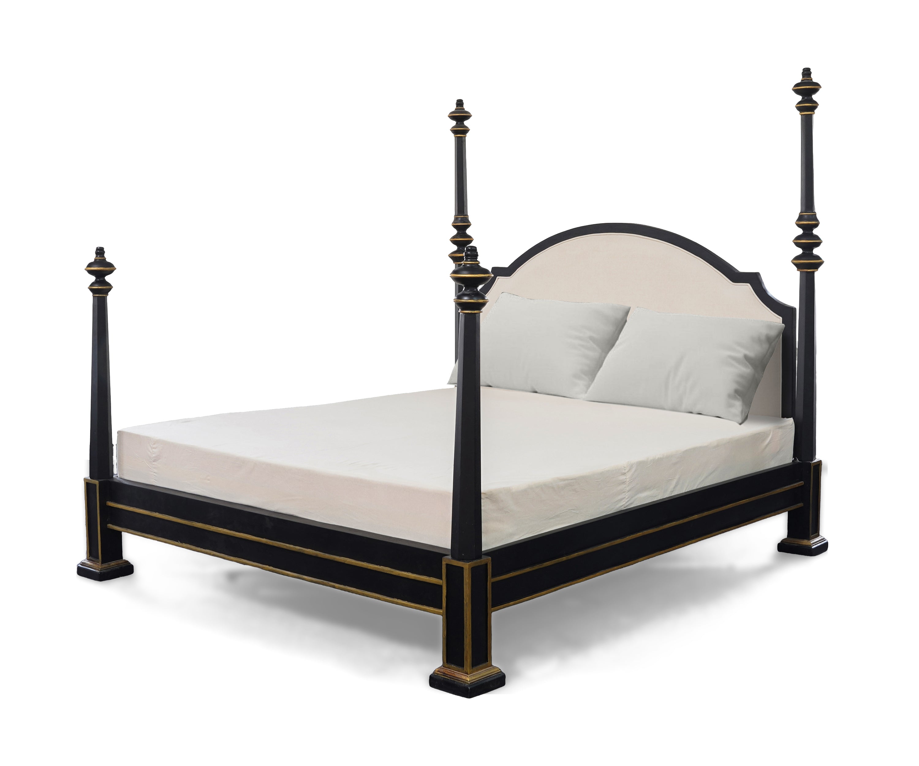 Black and Gold Four Poster Upholstered Bed with Arched Headboard
