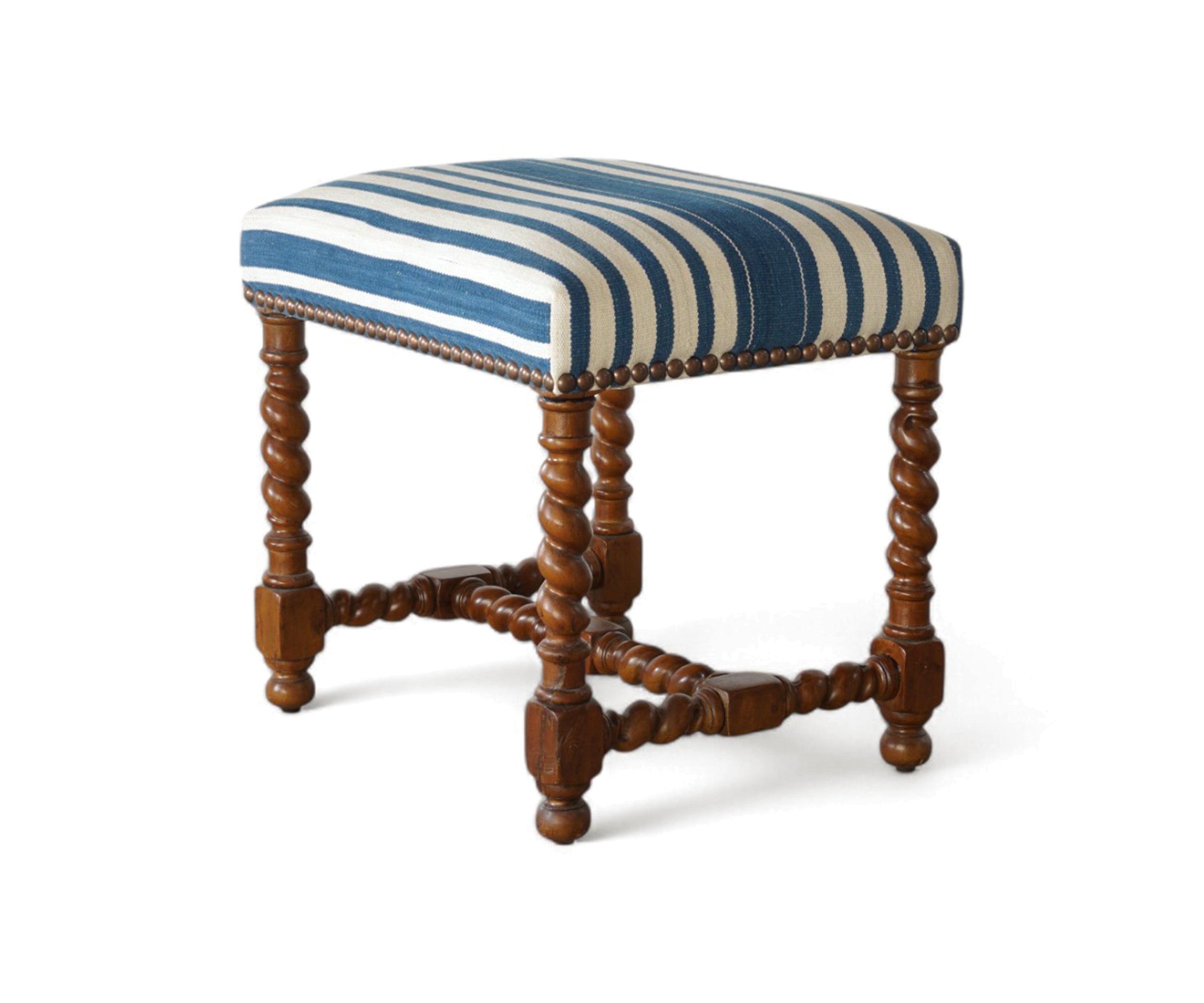 Blue and White Striped Upholstered Stool with Barely Twist Legs & Brass Nailhead Trim