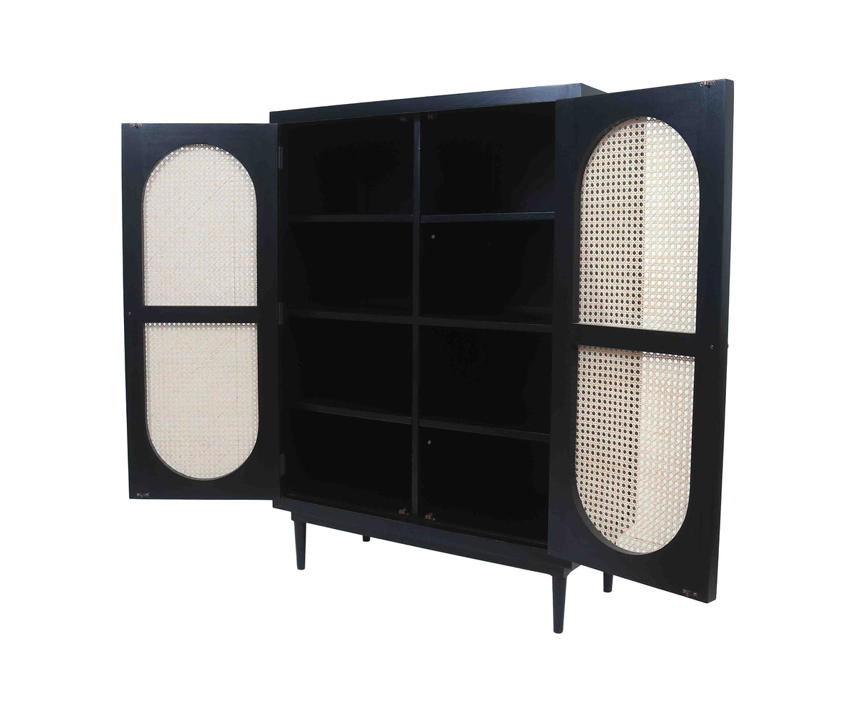 Modern Black Accent Cabinet with 2 Arched Rattan Doors