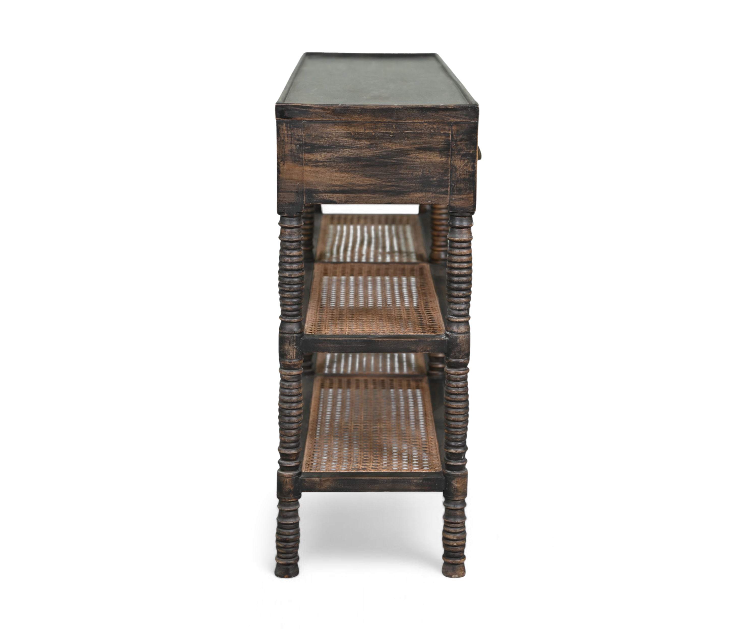 Vintage Style Console Table with Cane Shelves and Drawer Storage