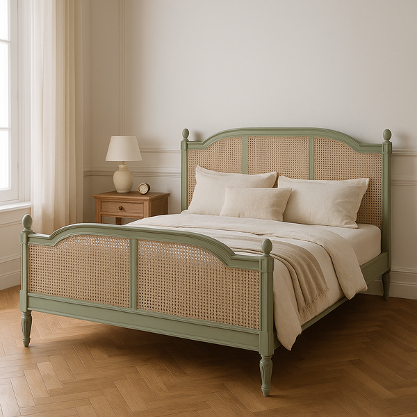 French Style Acacia Wood Cane Bed