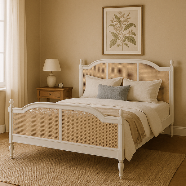 French Style Acacia Wood Cane Bed