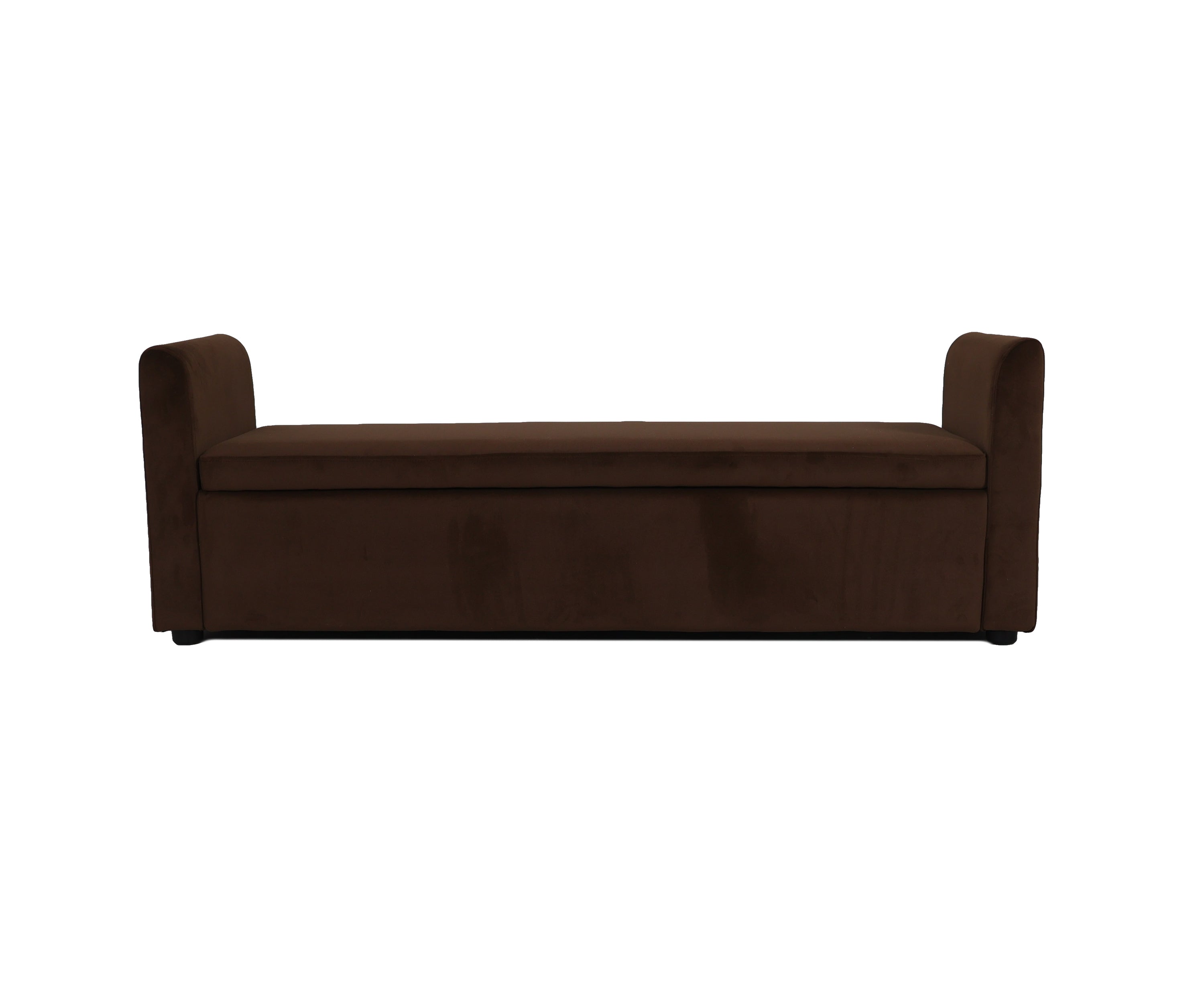 Chocolate Brown Velvet Storage Bench with Scroll Arms & Lift-Up Seat