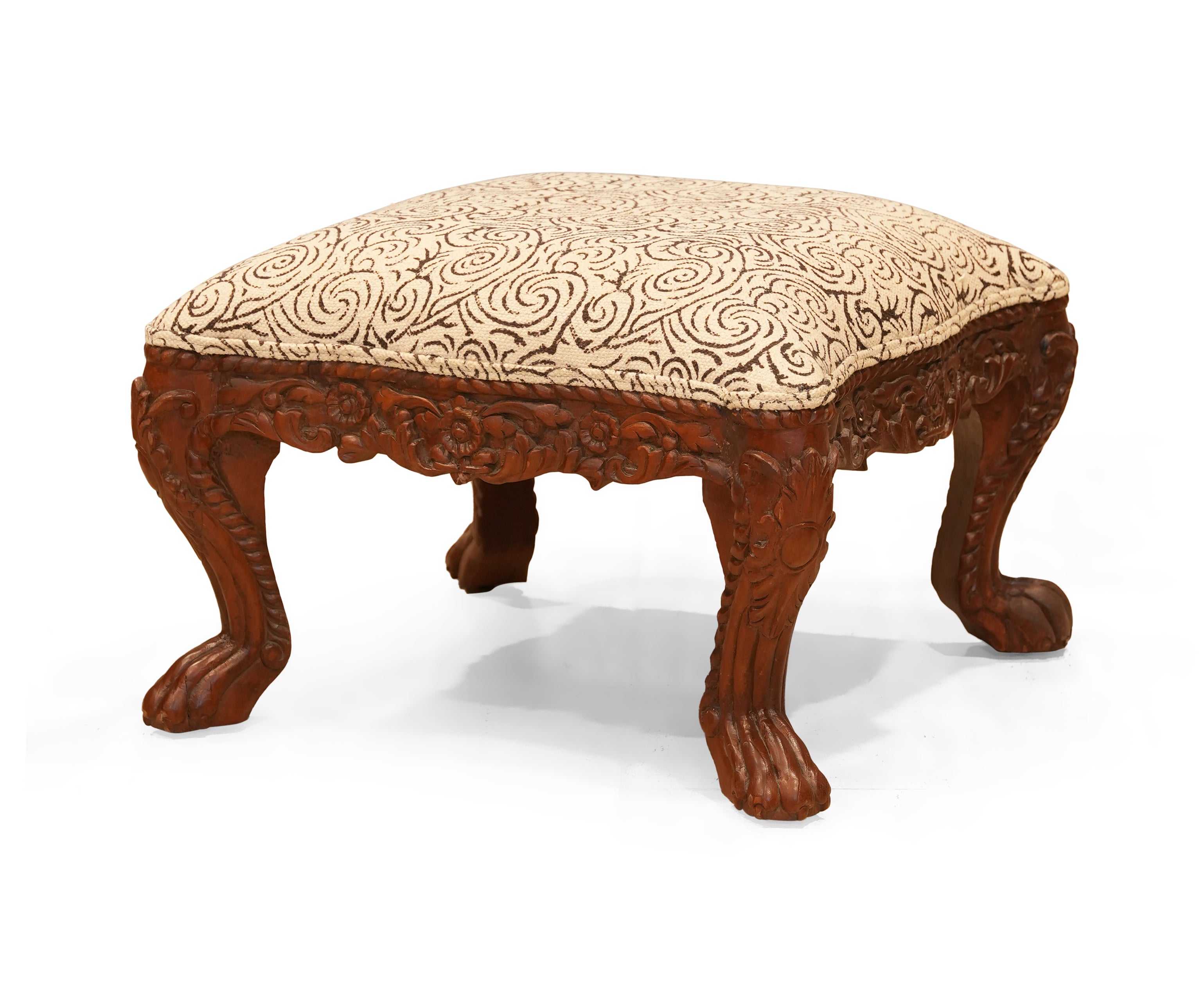 Carved Wooden Accent Stool with Printed Seat