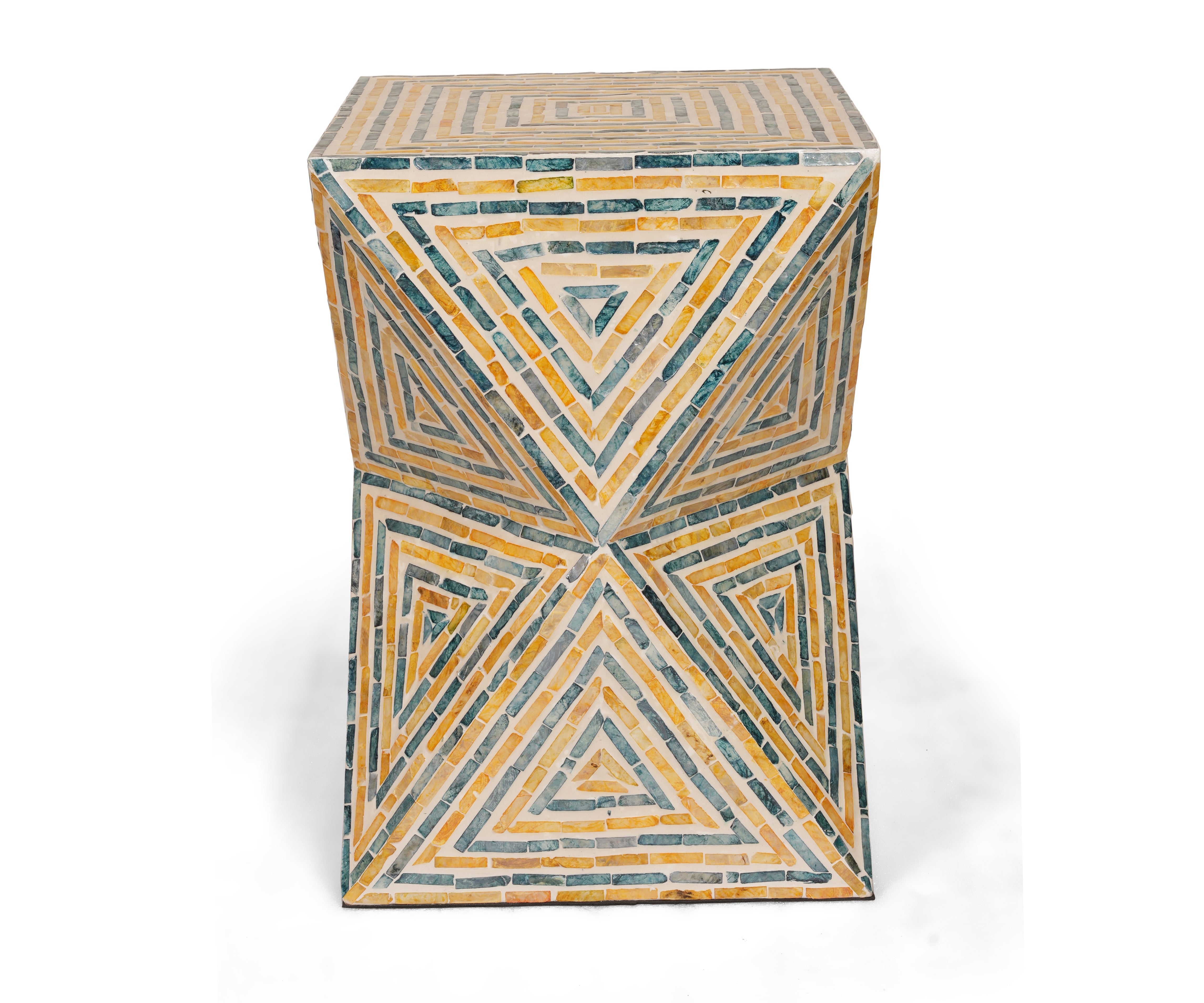 Geometric Mother of Pearl Inlay Side Table with Triangle Mosaic Design