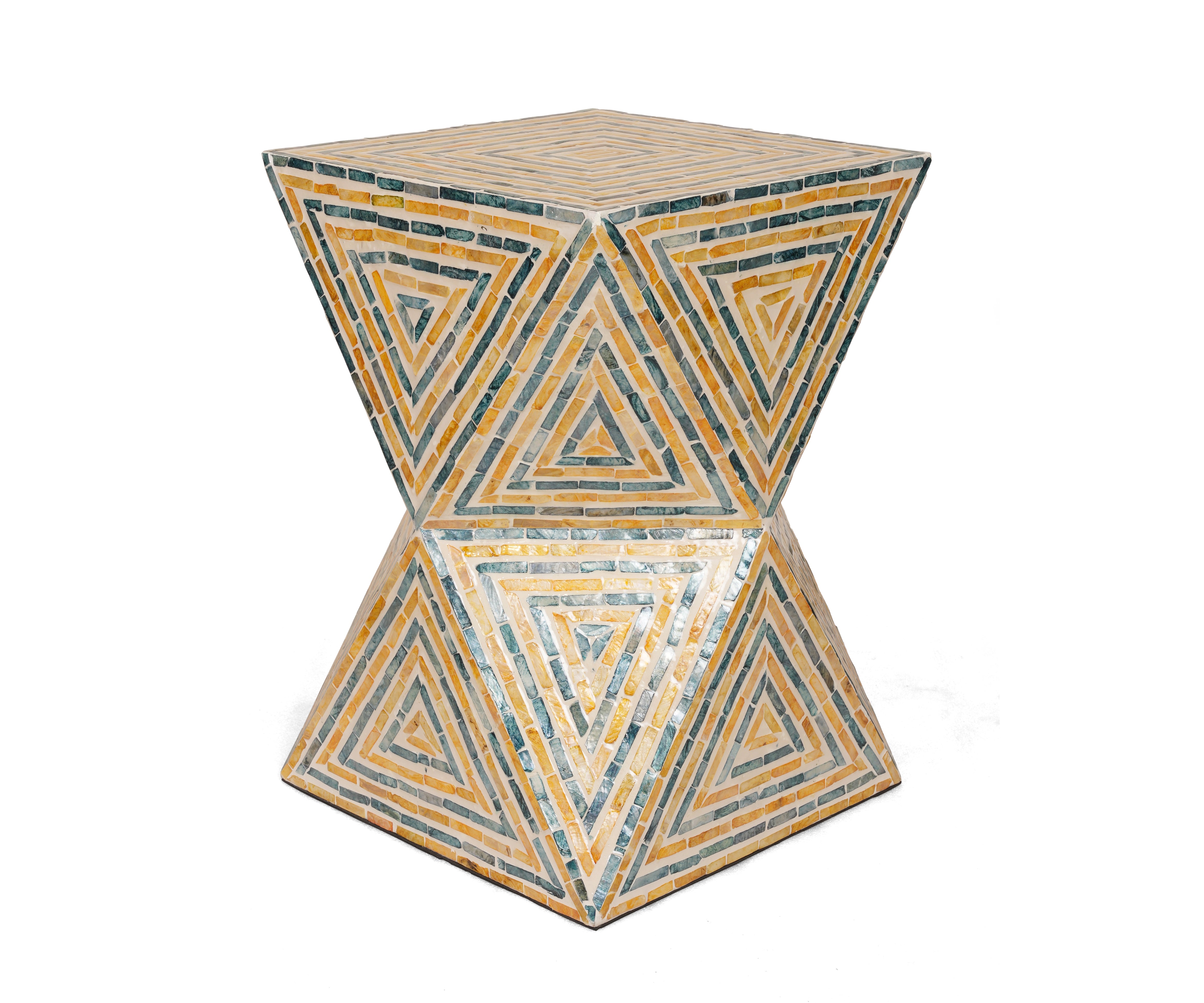 Geometric Mother of Pearl Inlay Side Table with Triangle Mosaic Design