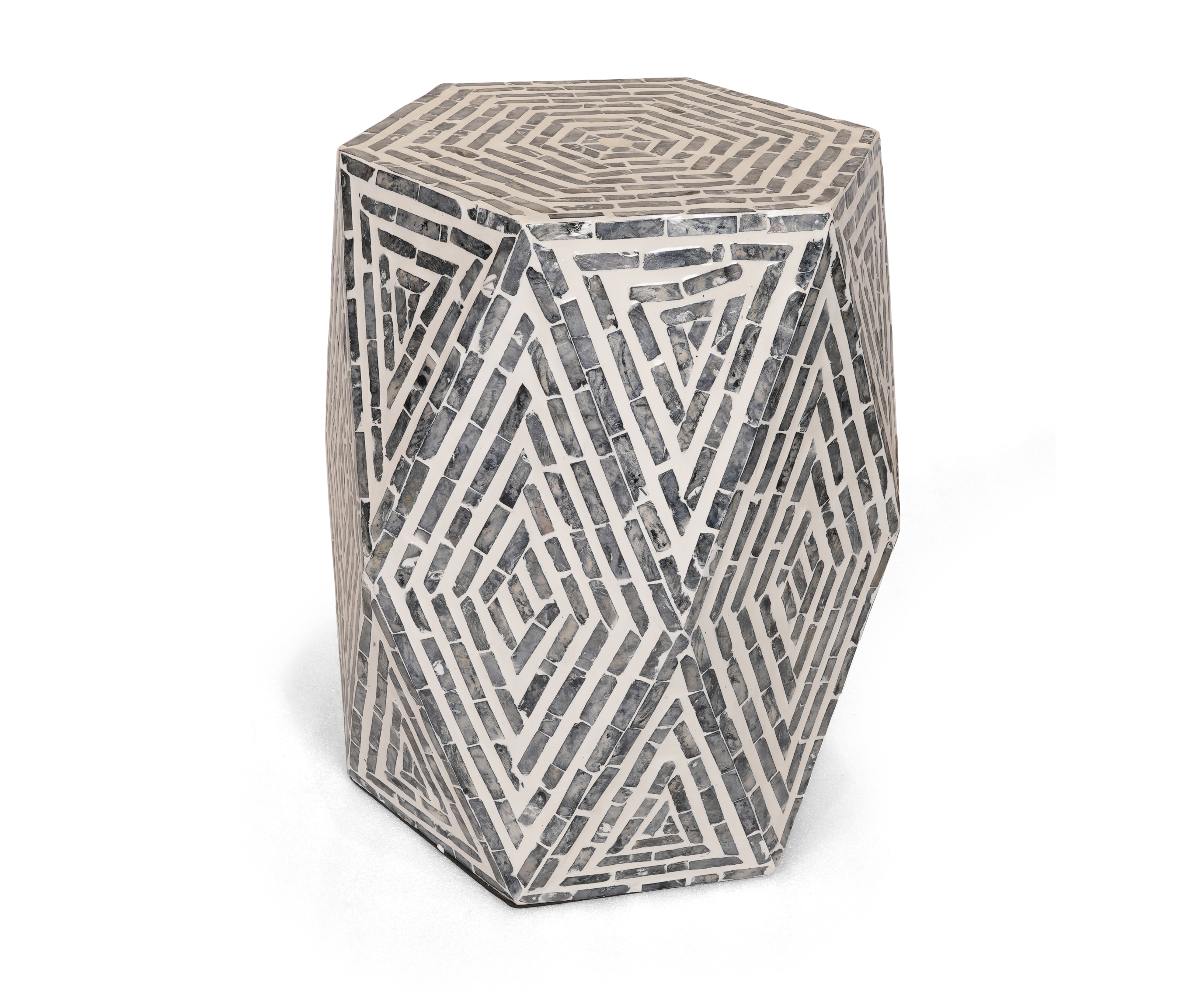 Grey Mother of Pearl Inlay Side Table with Geometric Mosaic Design