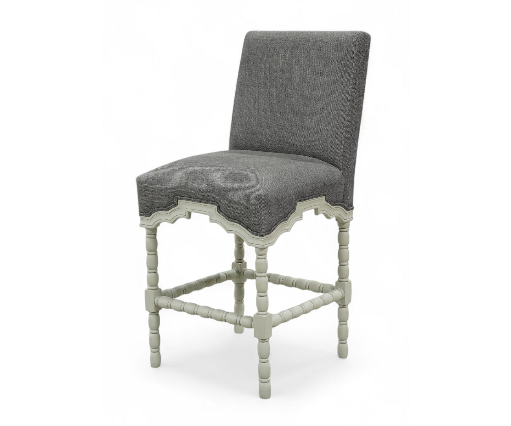 French Style Gray Bar Chair with Ivory Carved Wood Frame