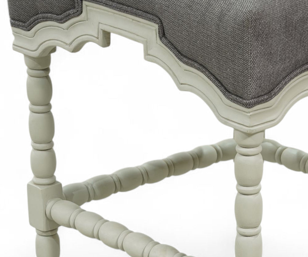 French Style Gray Bar Chair with Ivory Carved Wood Frame