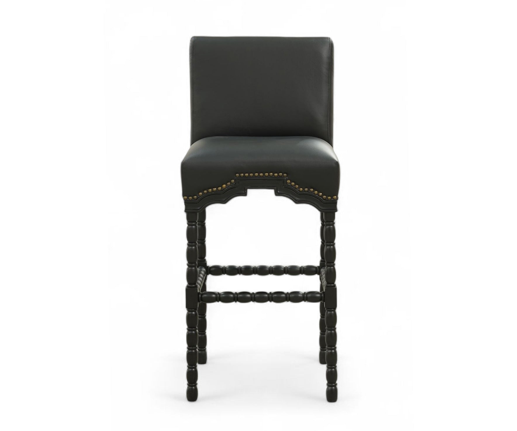 French Style Leather Bar Chair with Carved Wood Frame - Black
