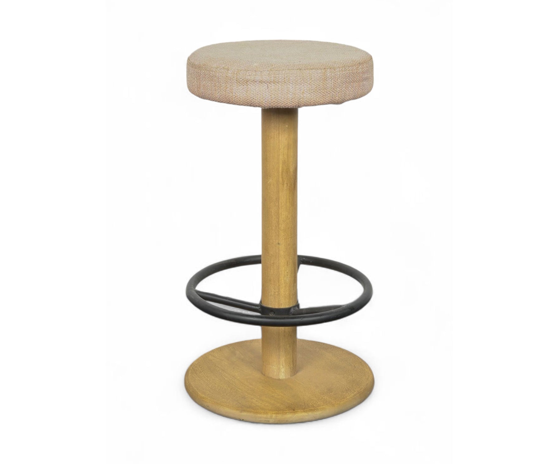 Round Upholstered Bar Stool with Solid Wood Base & Metal Footrest