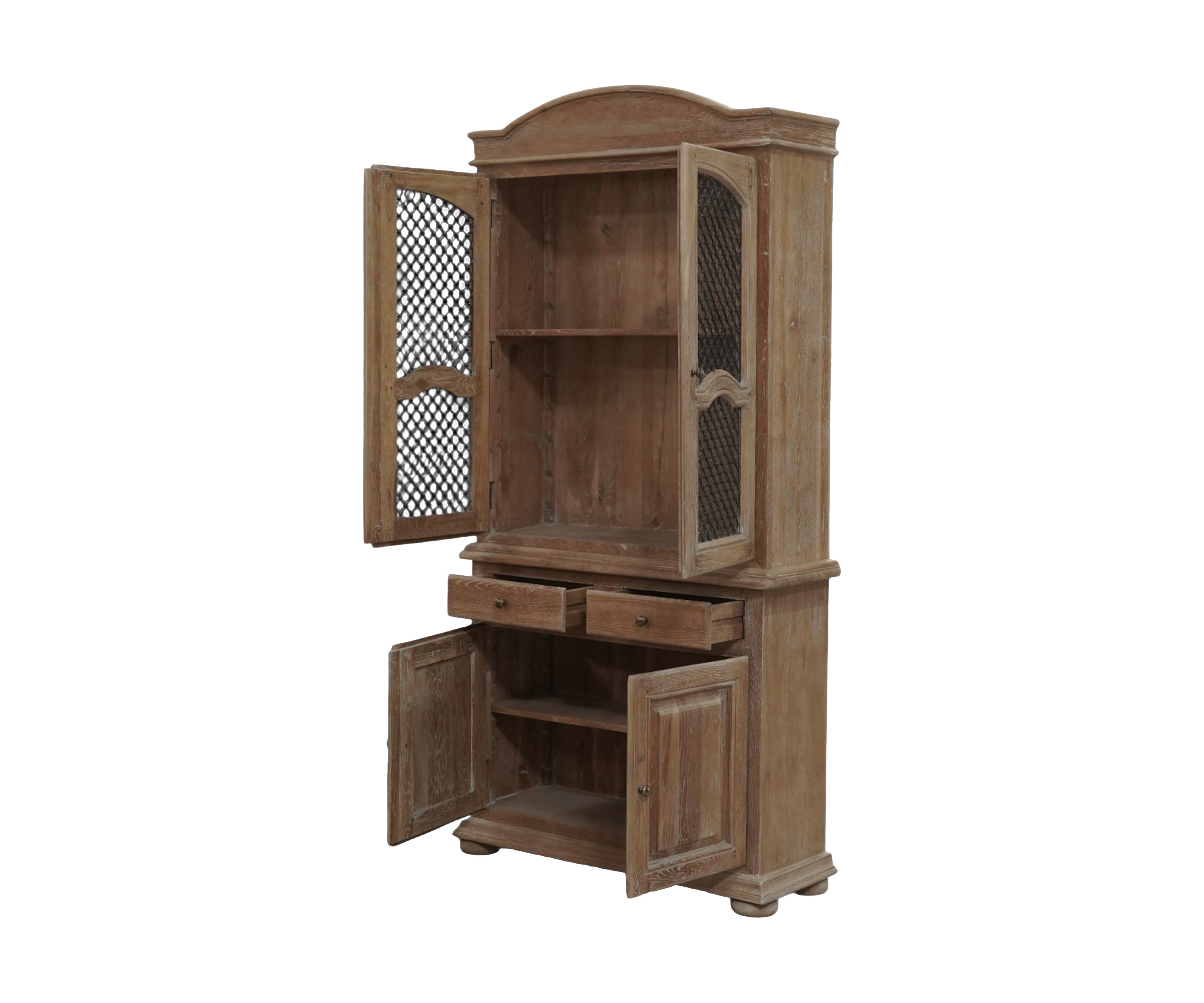 Oak Wood Wardrobe with Mesh Metal Doors & Drawers