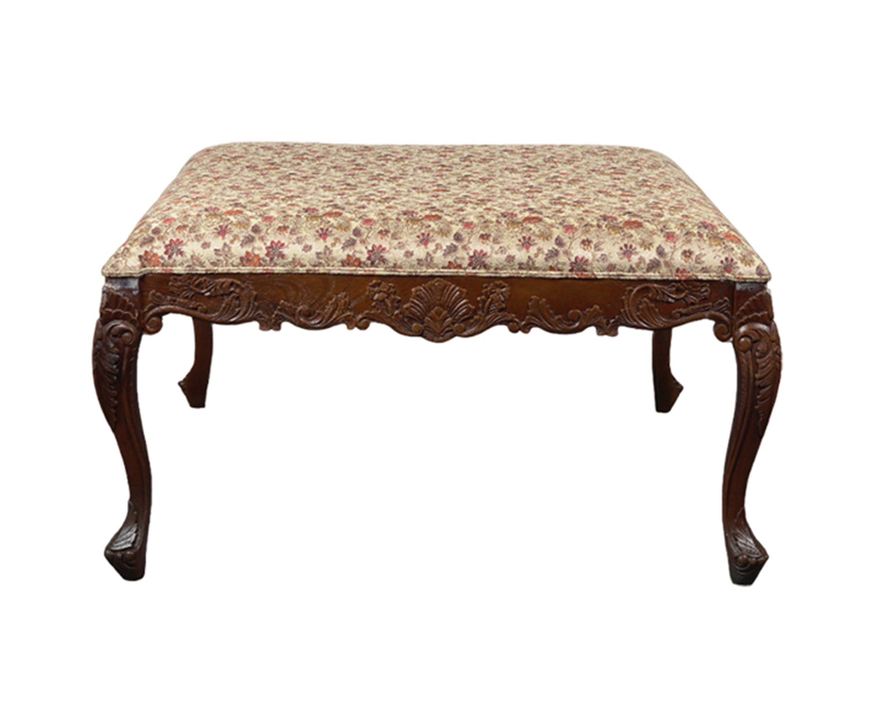 Floral Printed Ottoman with Carved Wooden Frame