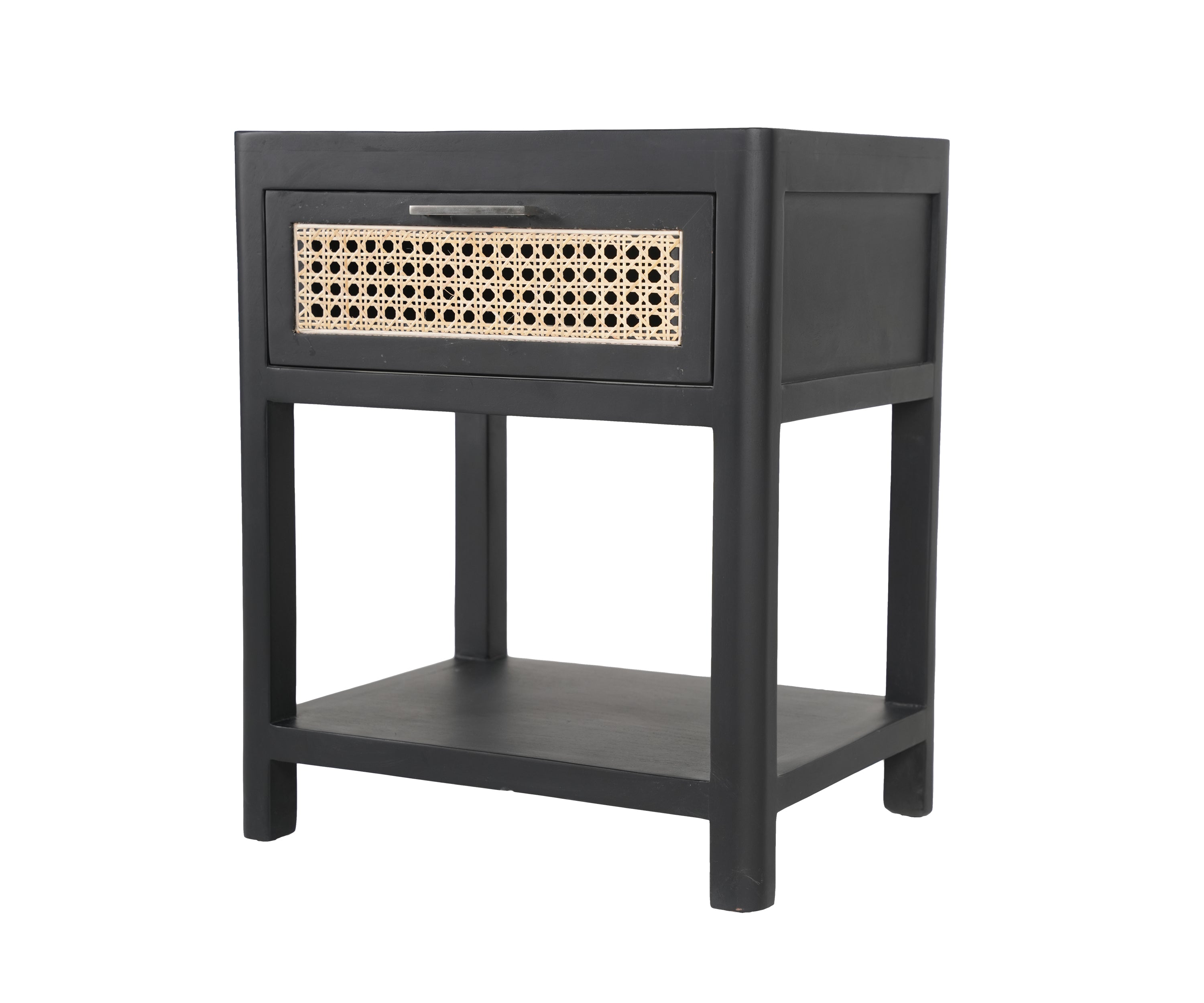 Black Bedside Table with Woven Drawer Detail