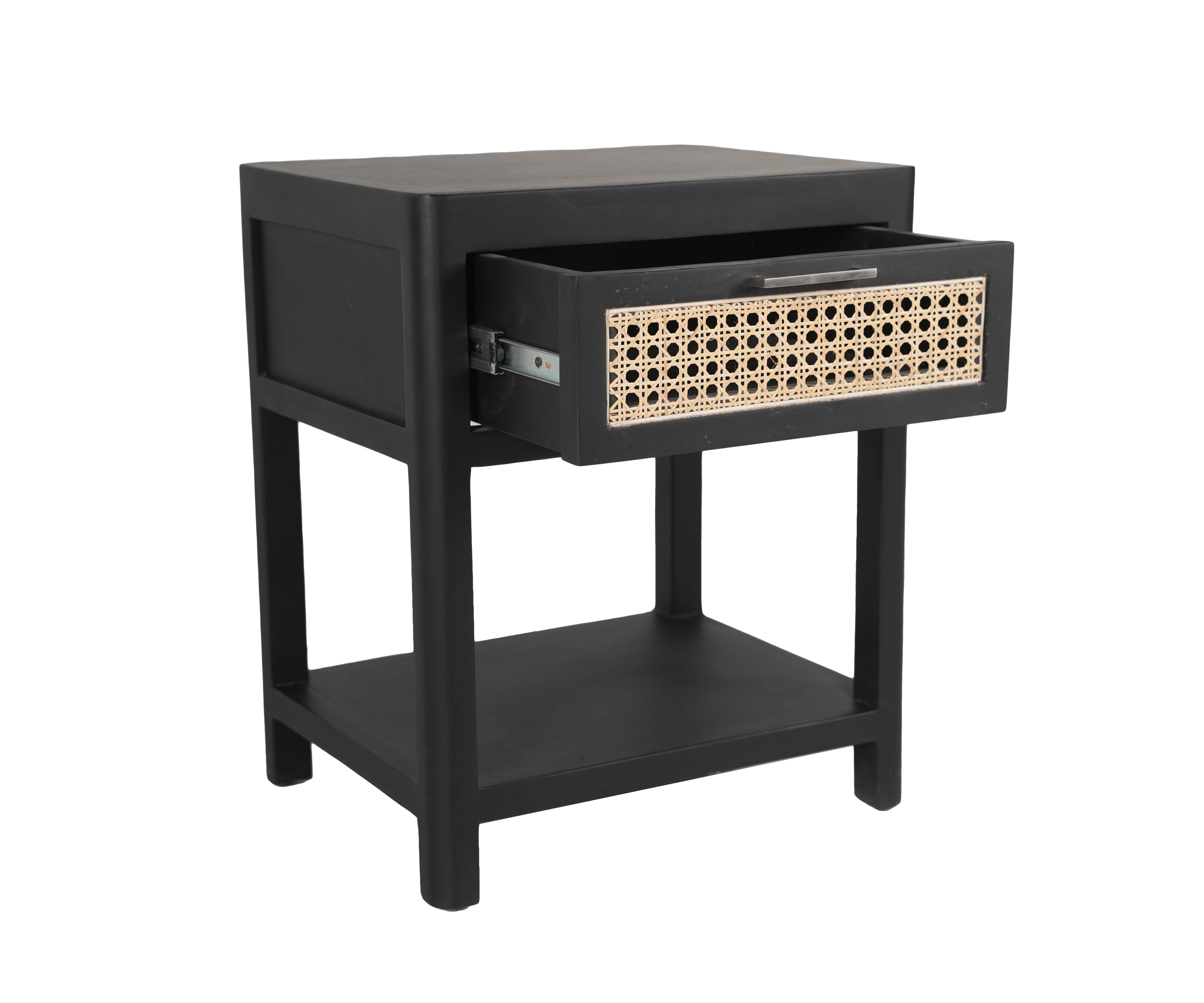 Black Bedside Table with Woven Drawer Detail