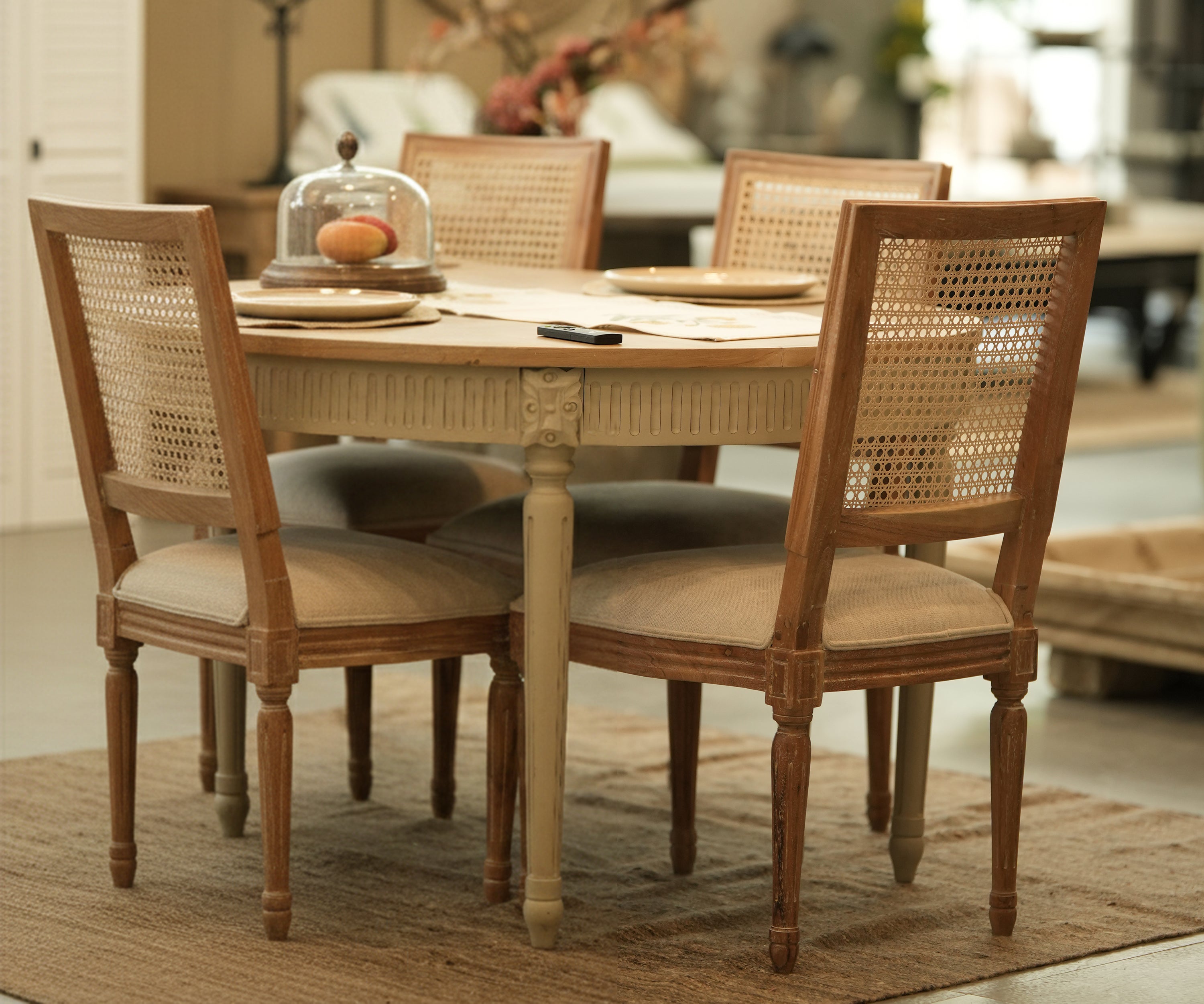 White French Cane Back Dining Chair with Upholstered Seat