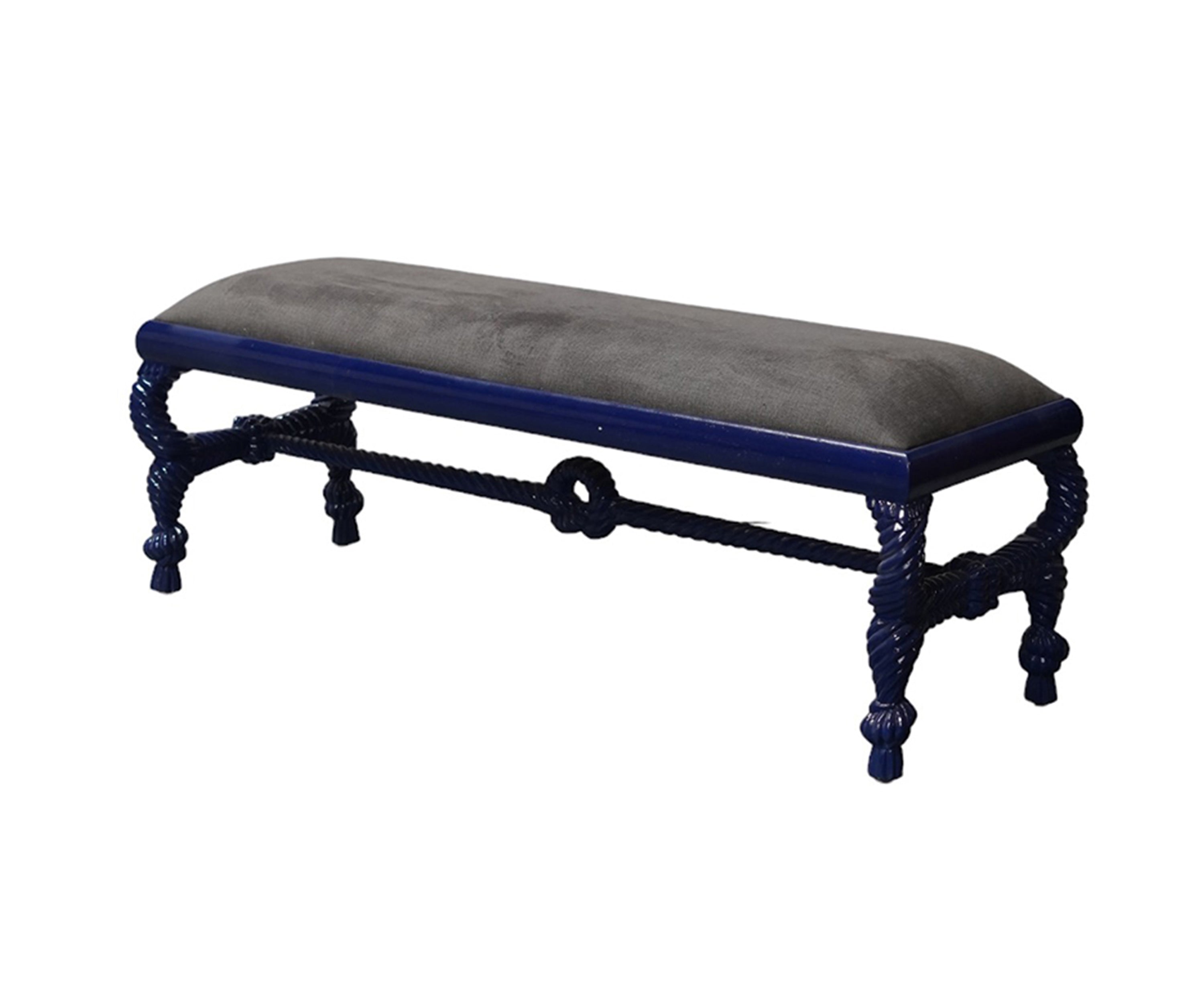 Blue Wood Upholstered Bench with Rope Style Stretcher Base