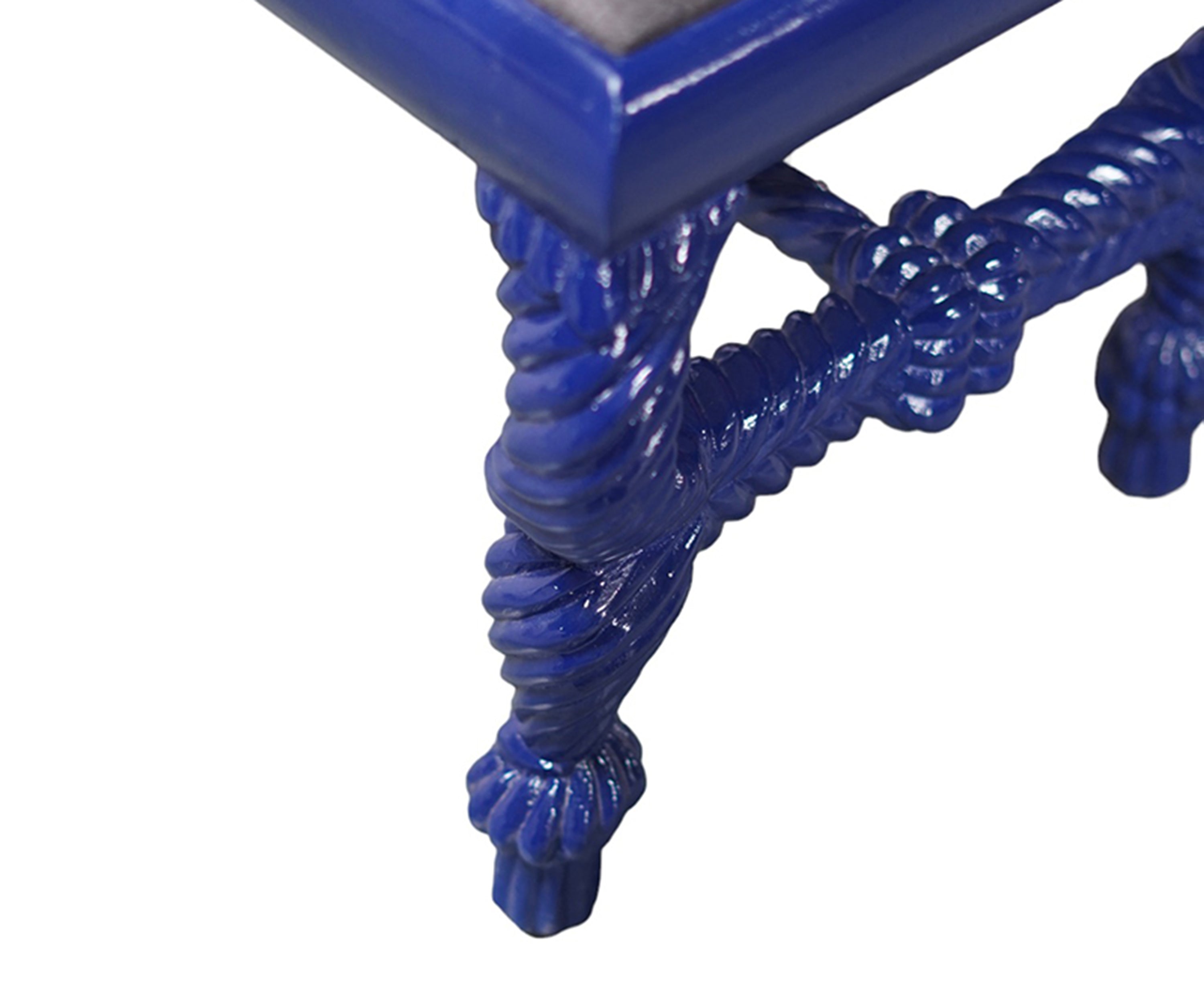 Blue Wood Upholstered Bench with Rope Style Stretcher Base