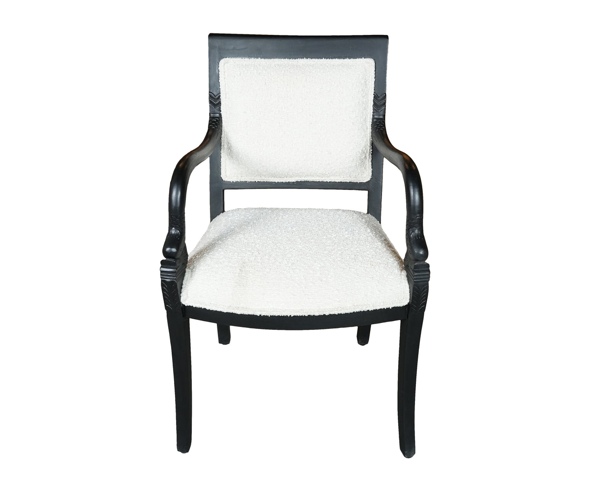 Bouclé Wooden Arm Chair with Carved Leaf Medallion in Black