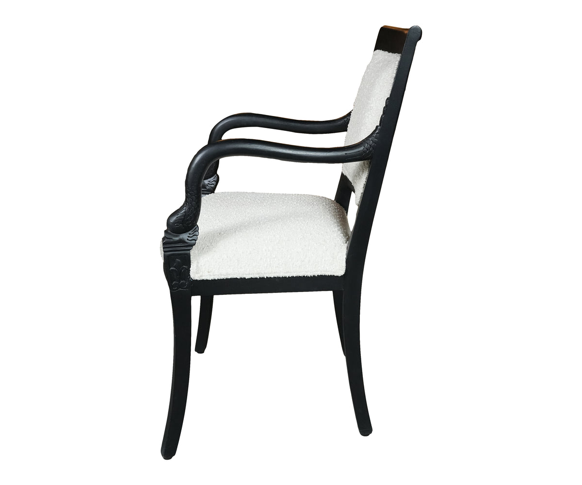 Bouclé Wooden Arm Chair with Carved Leaf Medallion in Black