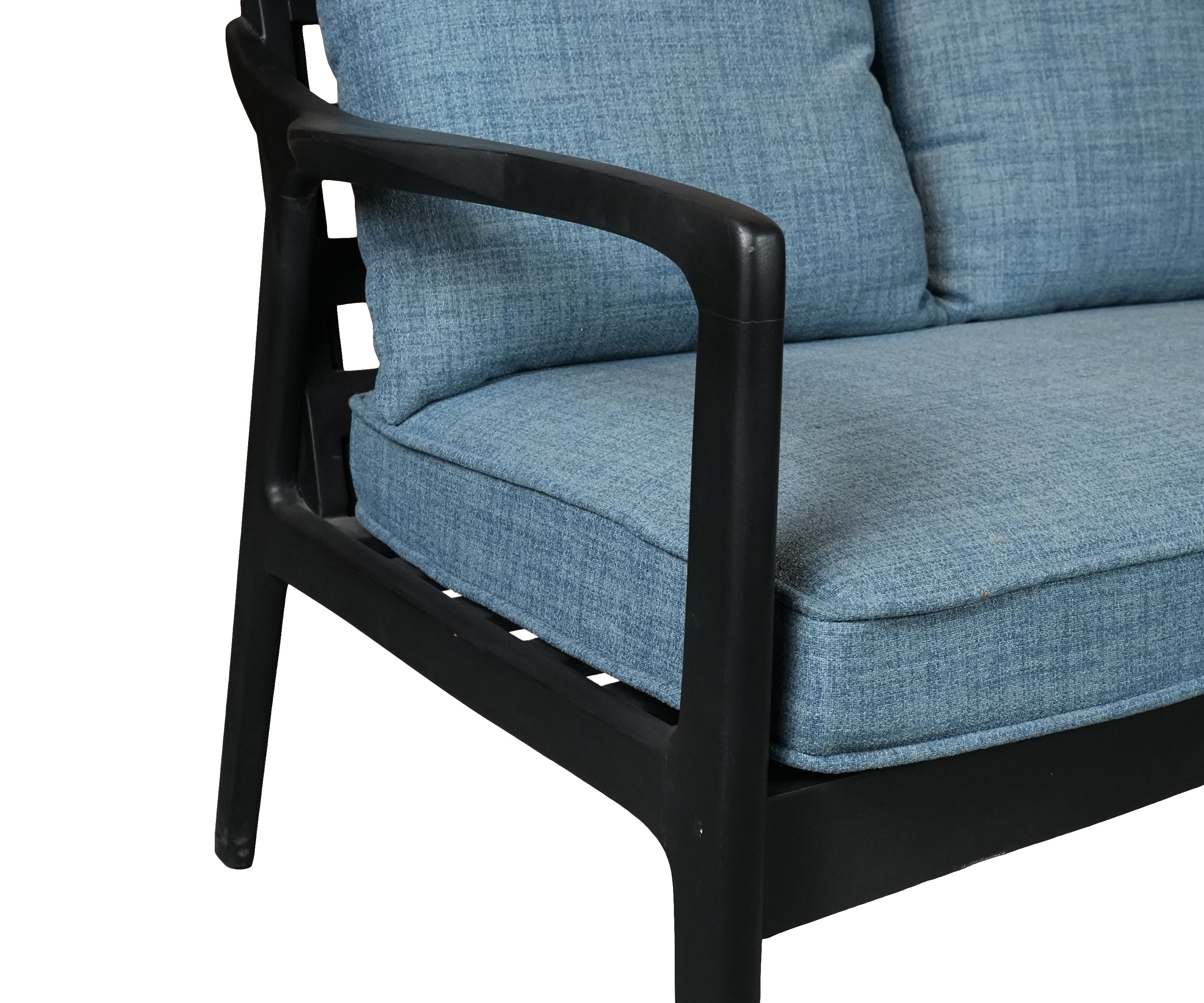 Mid-Century Textured Blue 3-Seater Sofa with Solid Wooden Frame