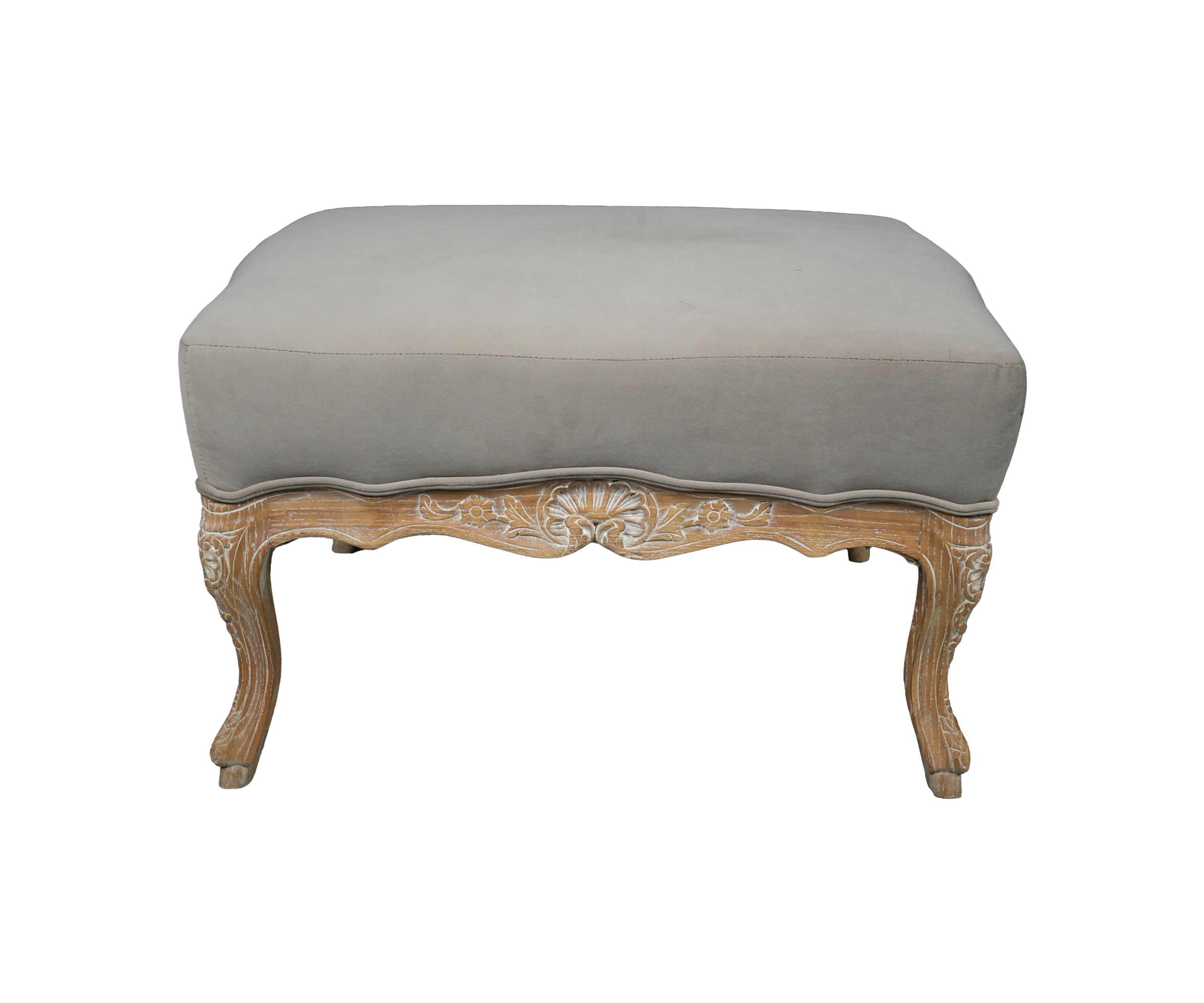 Grey Linen French Provincial Carved Ottoman