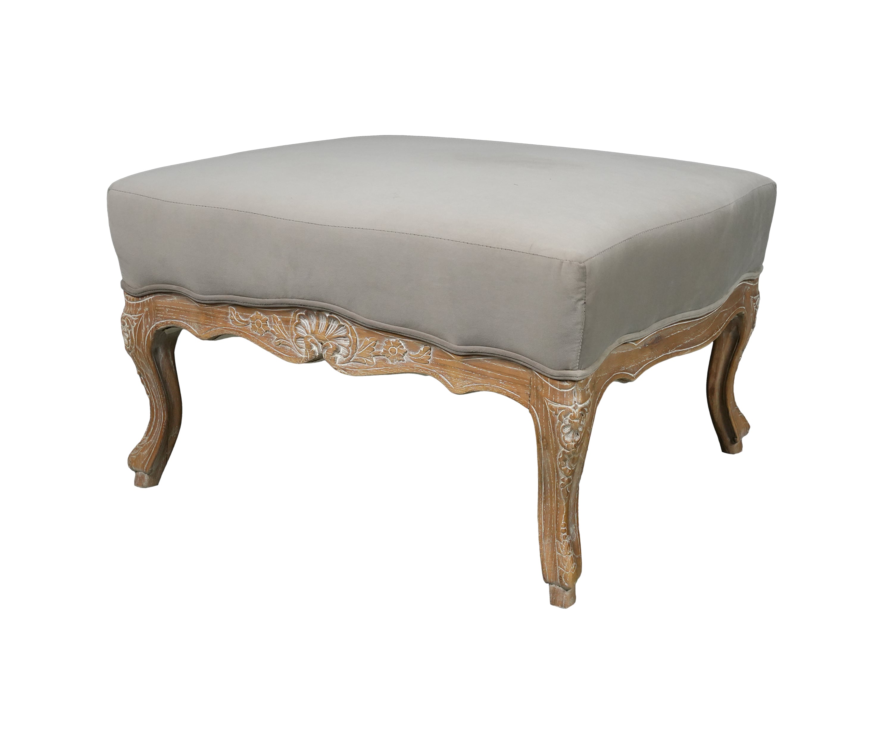 Grey Linen French Provincial Carved Ottoman