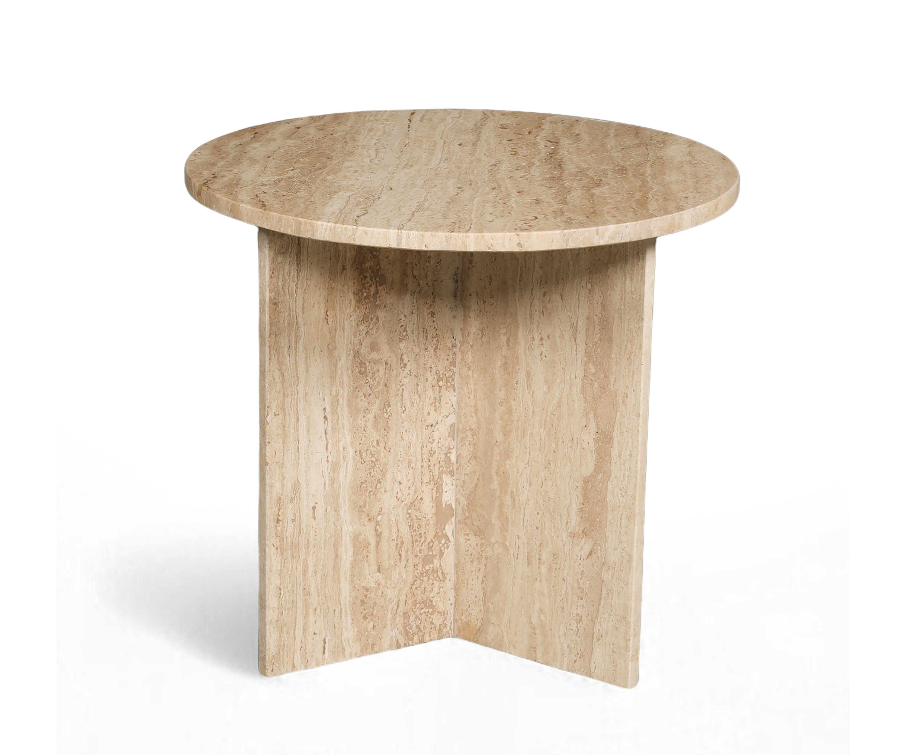 Round Travertine Stone Side Table with Sculptural Pedestal Base
