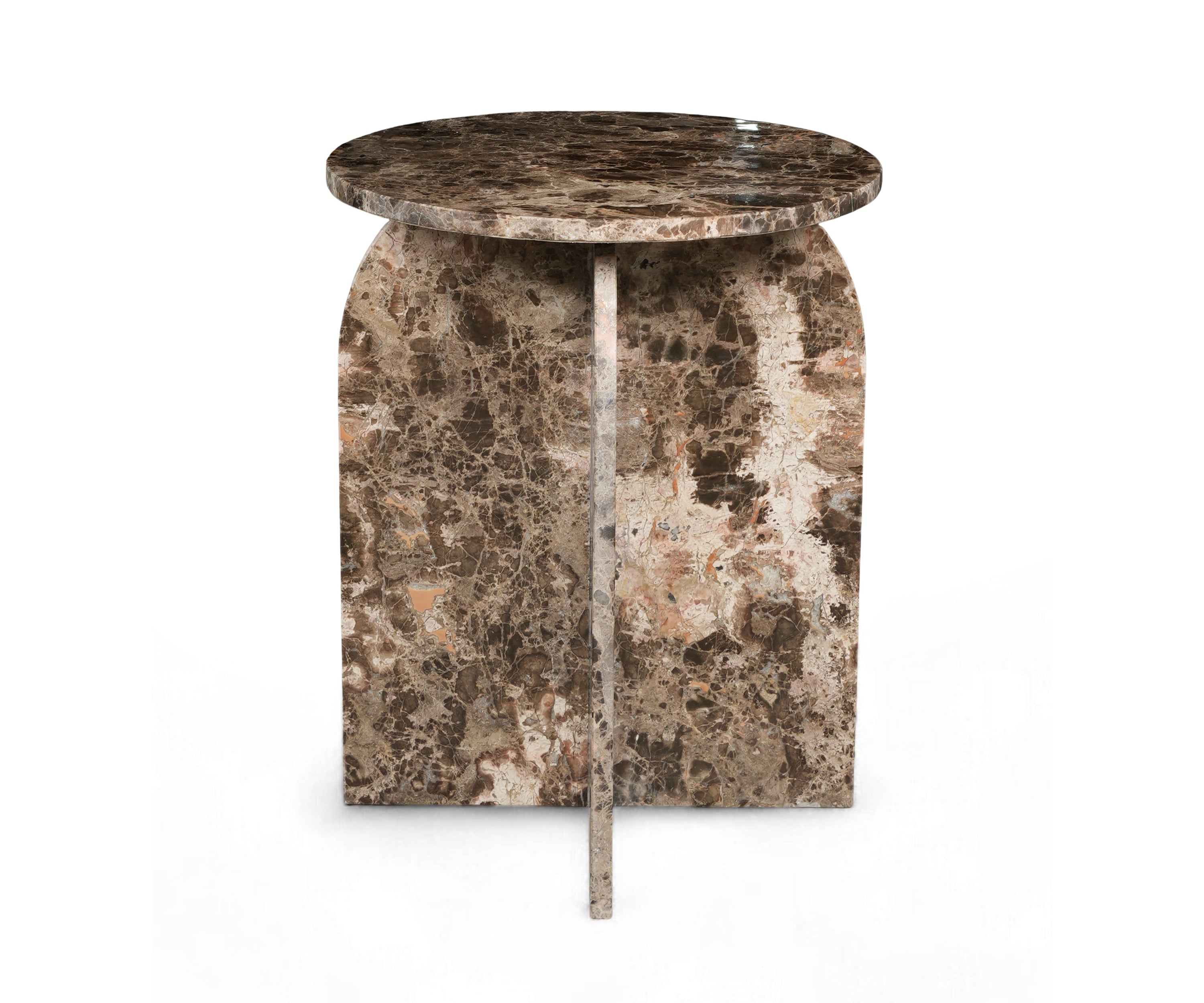 Mocha Vein Marble Side Table with Sculptural Cross Pedestal Base