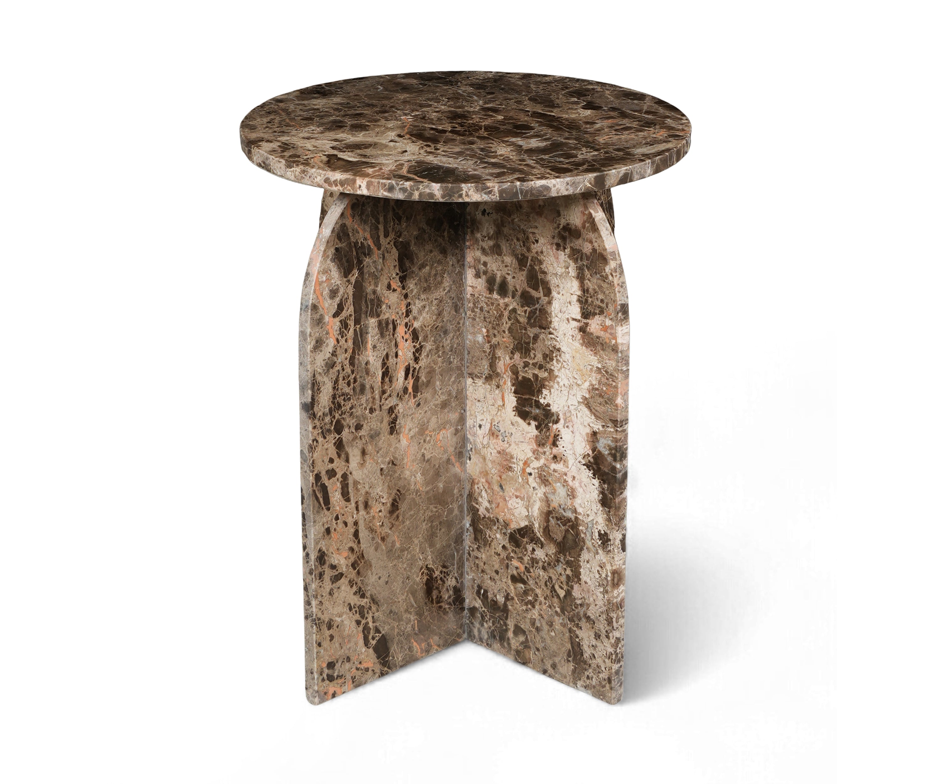 Mocha Vein Marble Side Table with Sculptural Cross Pedestal Base