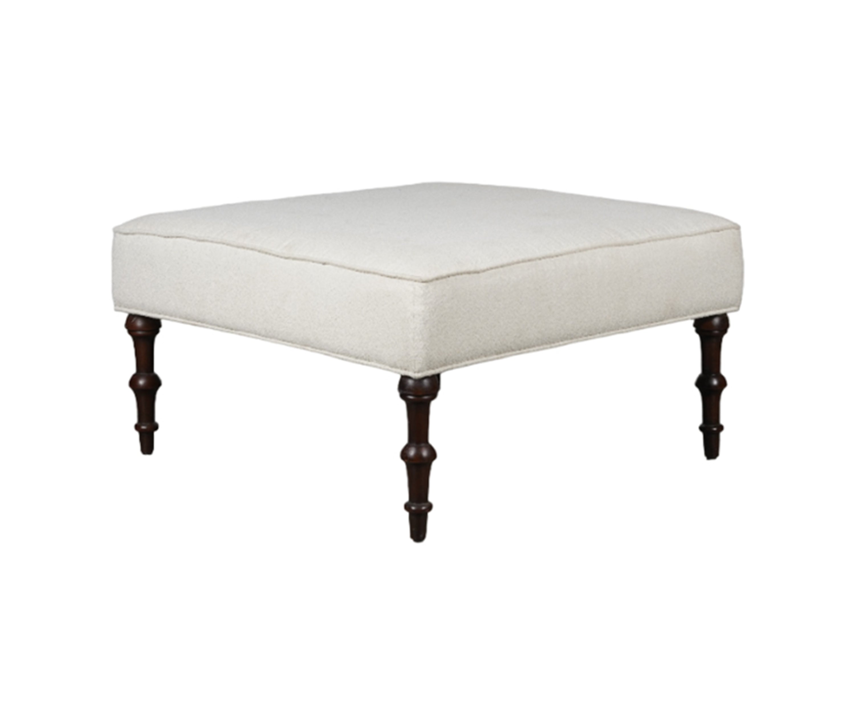 Ivory Boucle Upholstered Ottoman with Turned Wooden Legs