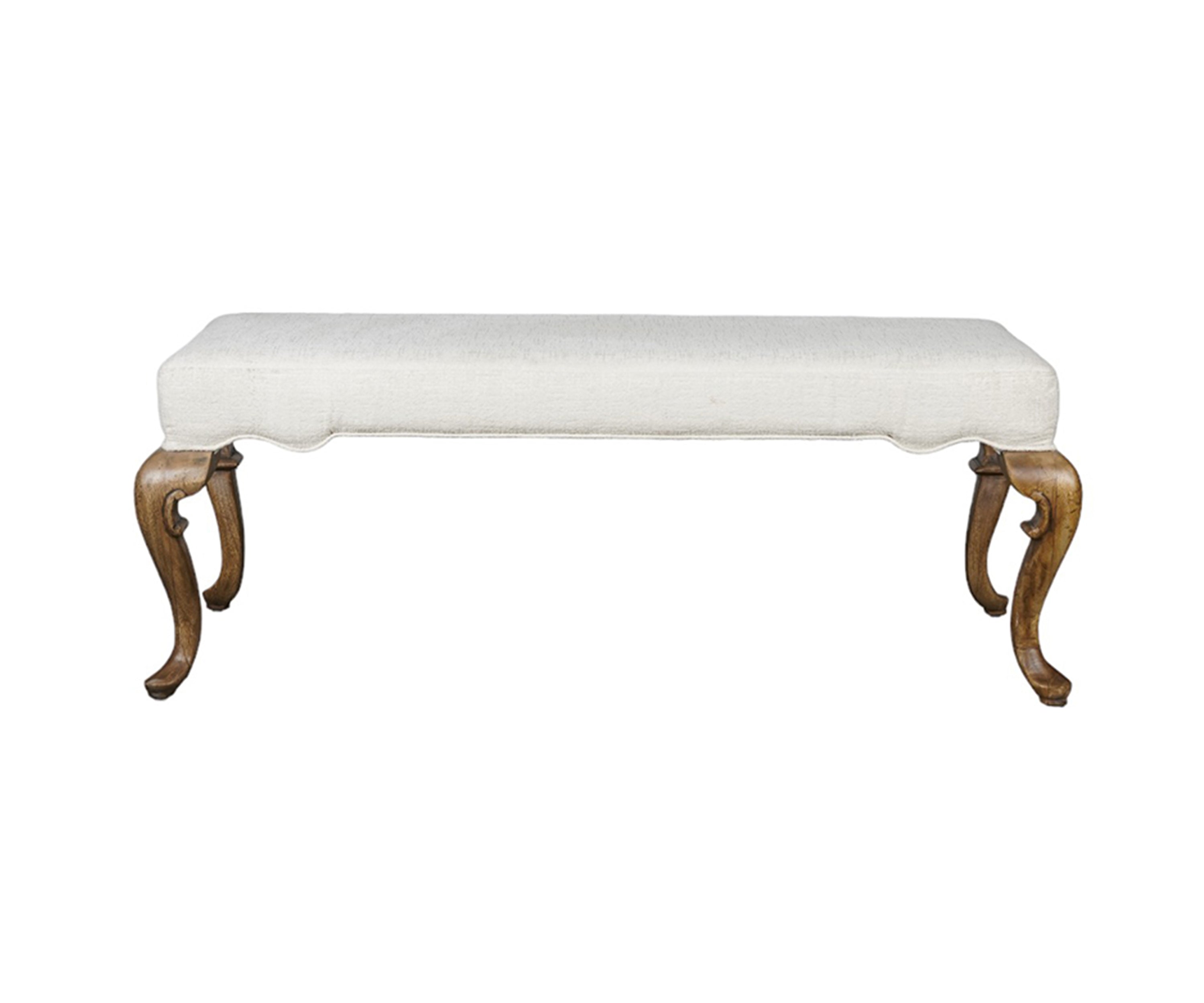 French Style Beige Upholstered Bench with Carved Solid Wood Legs