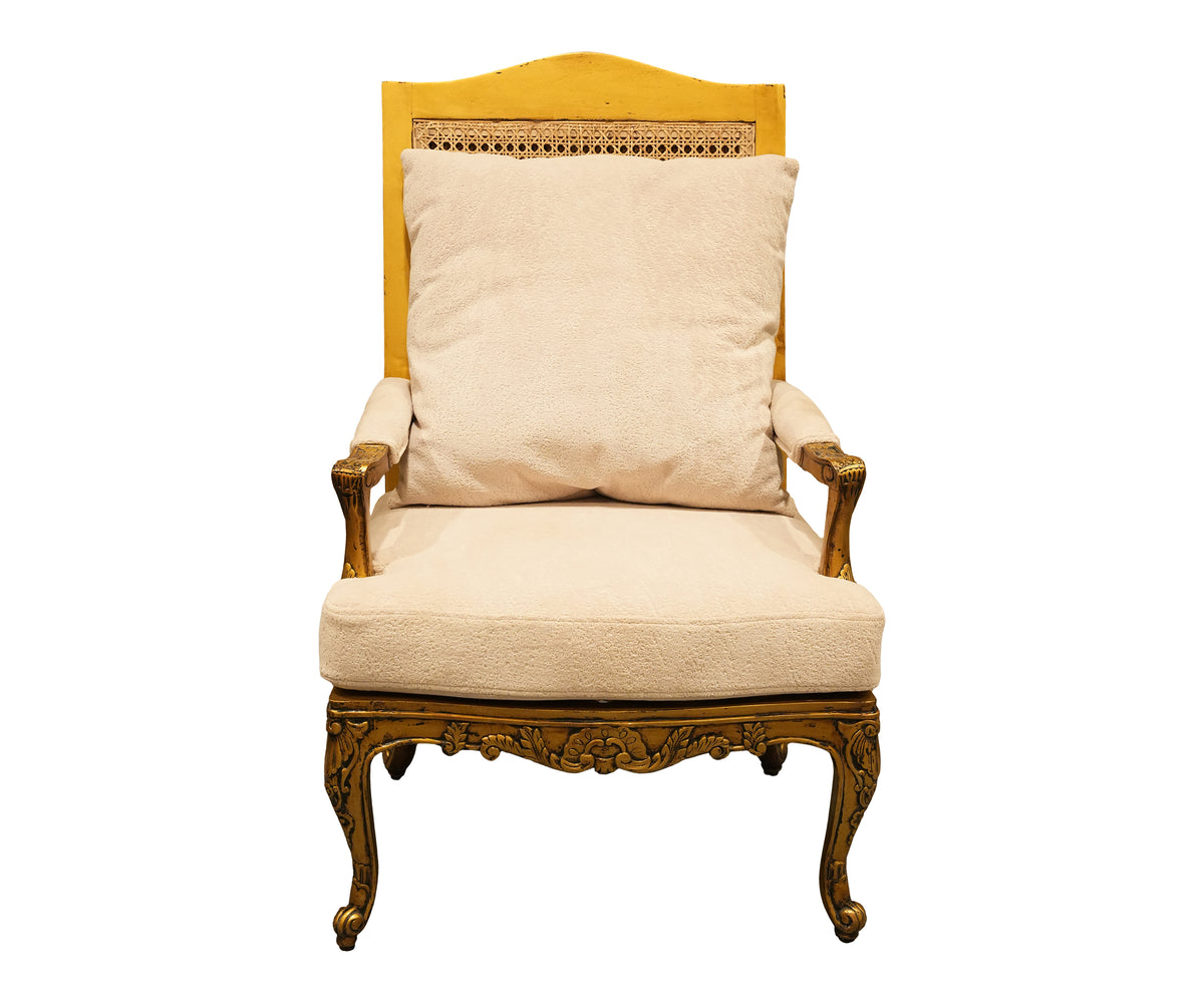 French Style Carved Wooden Armchair with Cane Backrest