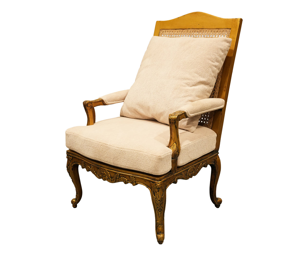 French Style Carved Wooden Armchair with Cane Backrest