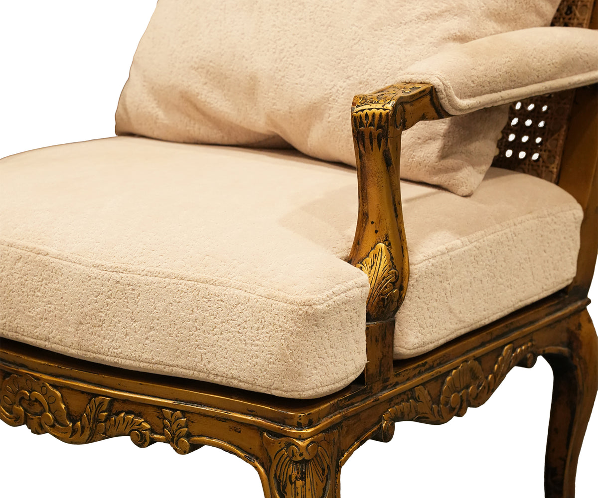 French Style Carved Wooden Armchair with Cane Backrest