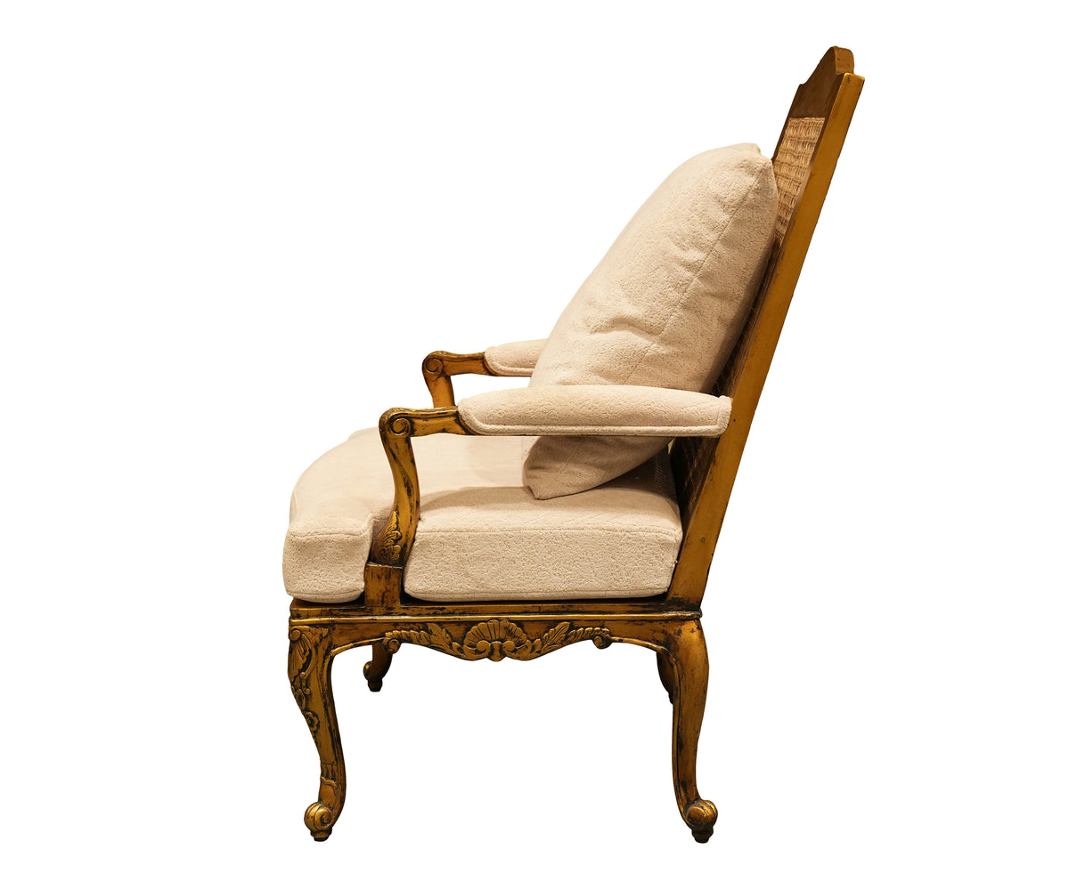 French Style Carved Wooden Armchair with Cane Backrest