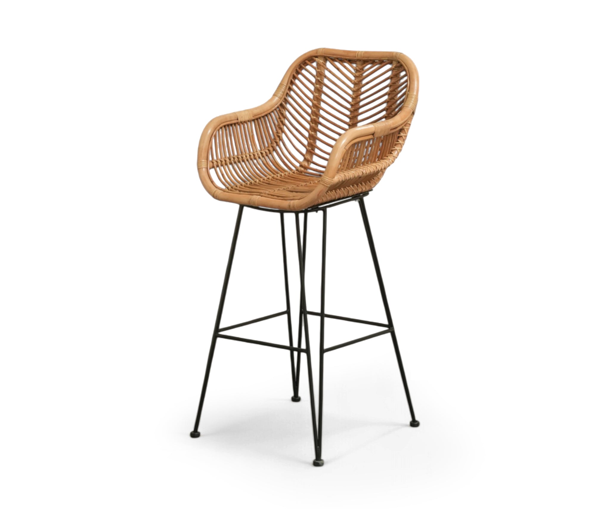Handwoven Rattan Bar Chair with Black Metal Base