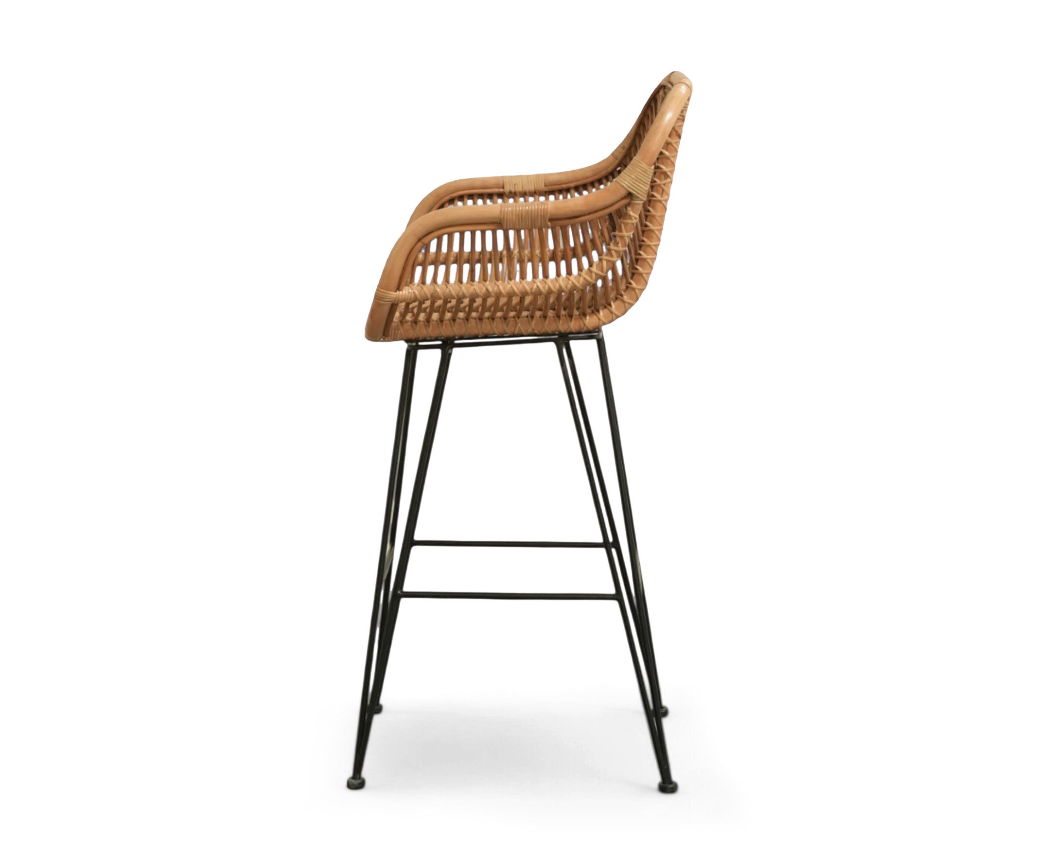 Handwoven Rattan Bar Chair with Black Metal Base