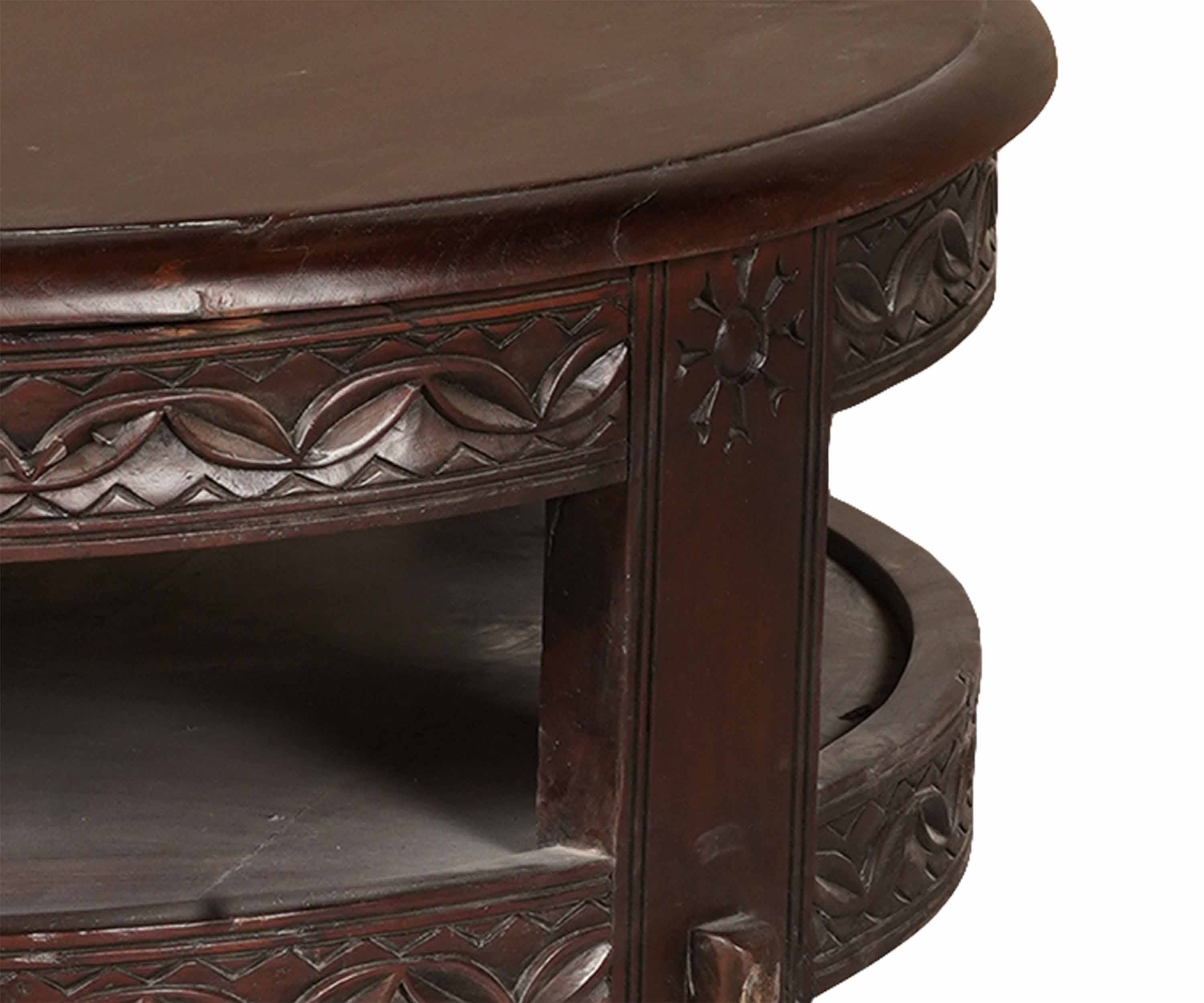 Round Carved Coffee Table with Storage Shelf