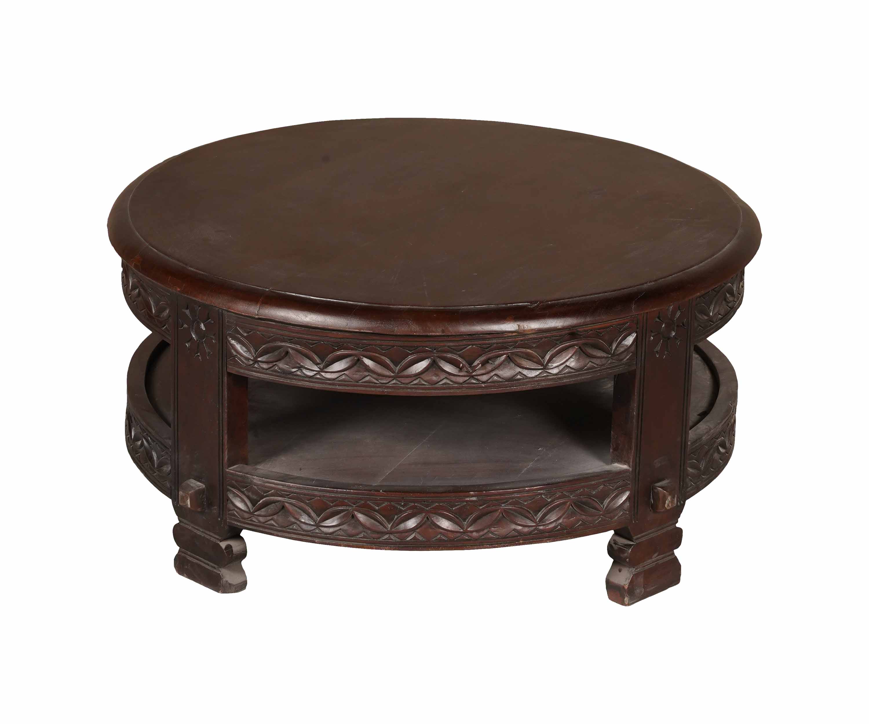 Round Carved Coffee Table with Storage Shelf